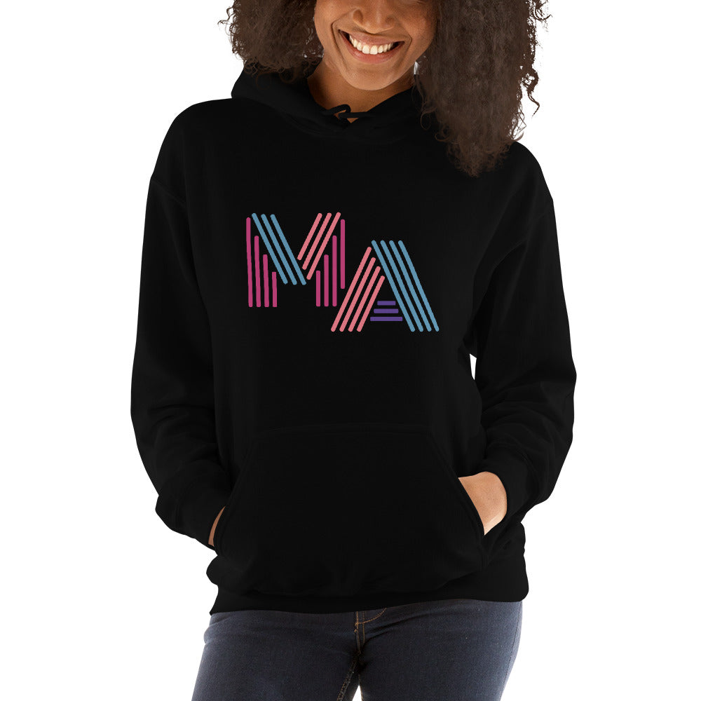 woman wearing unisex black hoodie with the letters MA in pink, orange, turquoise and purple neon light style lettering