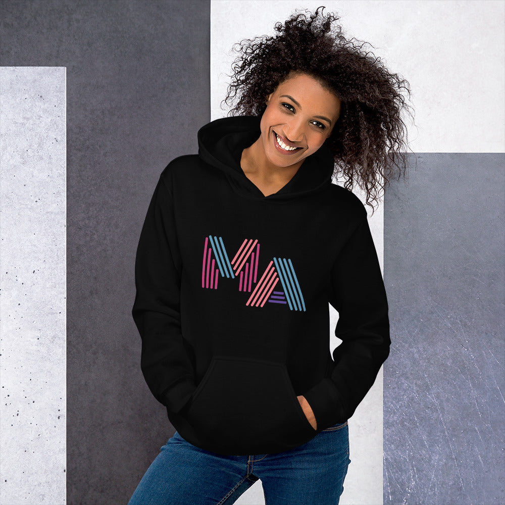 woman wearing unisex black hoodie with the letters MA in pink, orange, turquoise and purple neon light style lettering