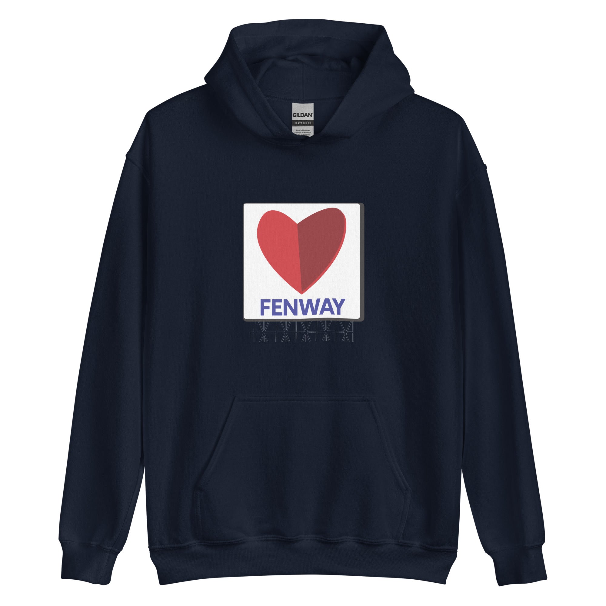 unisex navy hoodie with graphic of the citgo sign boston fenway as a heart