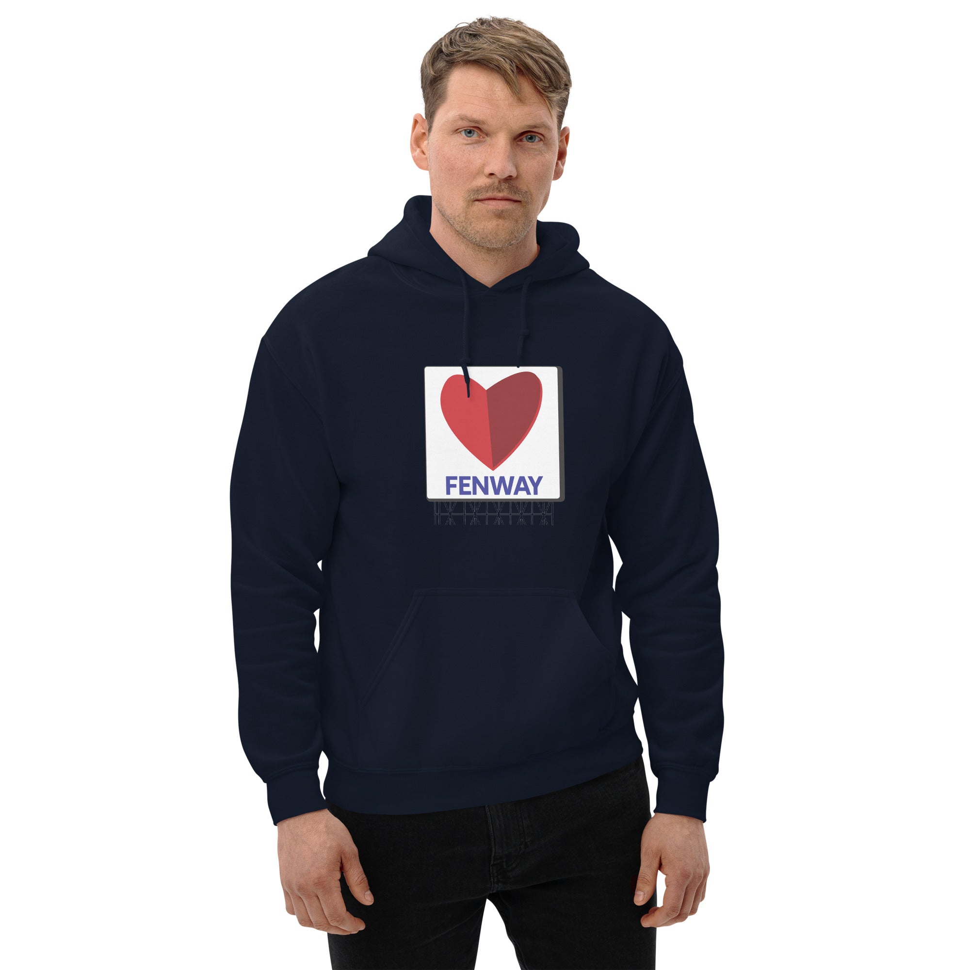 man wearing unisex navy hoodie with graphic of the citgo sign boston fenway as a heart
