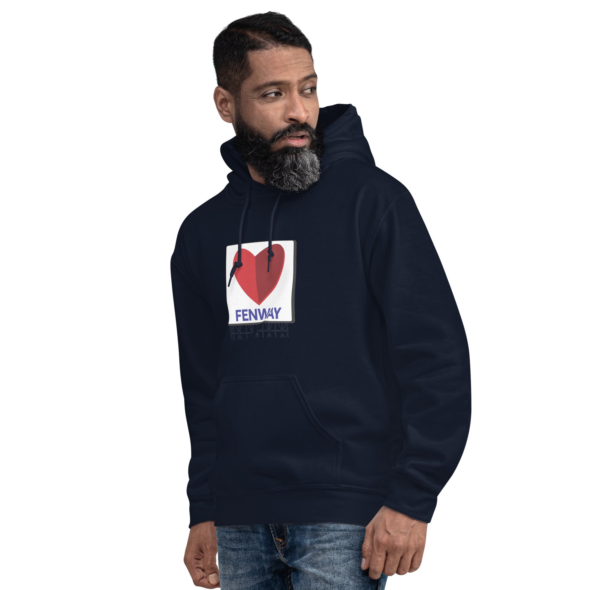 man wearing unisex navy hoodie with graphic of the citgo sign boston fenway as a heart