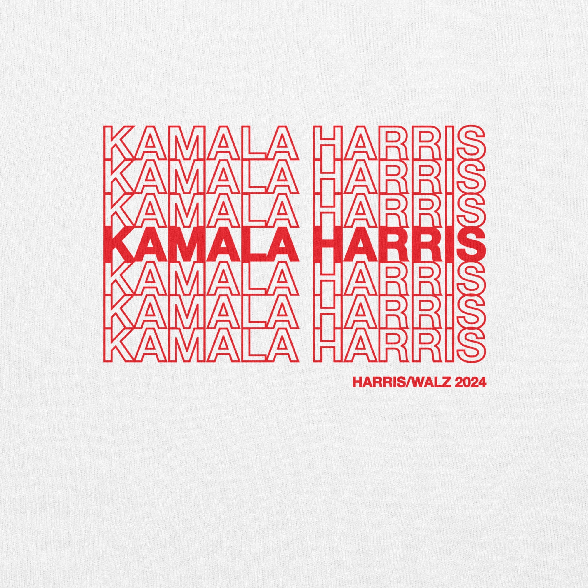 White design with red text saying "kamala Harris" in the classic plastic shopping bag design