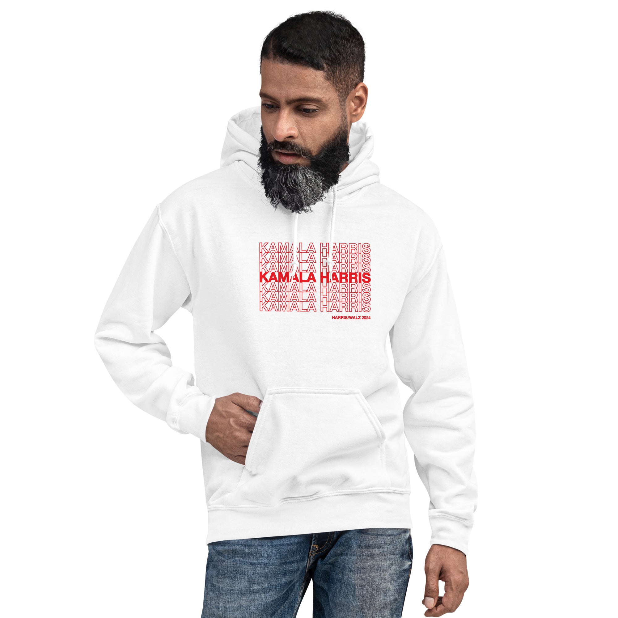 man wearing White unisex hoodie sweatshirt with red text saying "kamala Harris" in the classic plastic shopping bag design