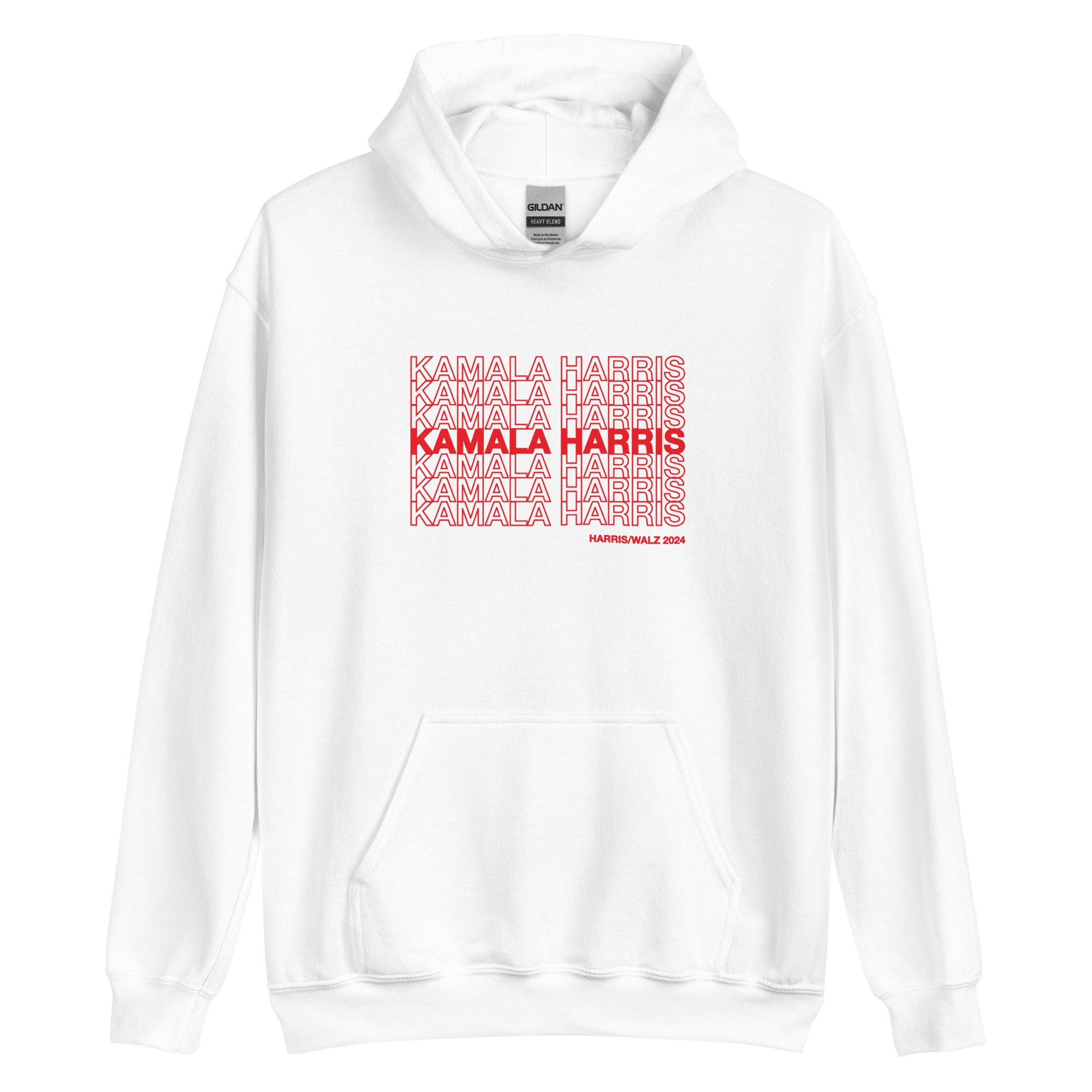 White unisex hoodie sweatshirt with red text saying "kamala Harris" in the classic plastic shopping bag design