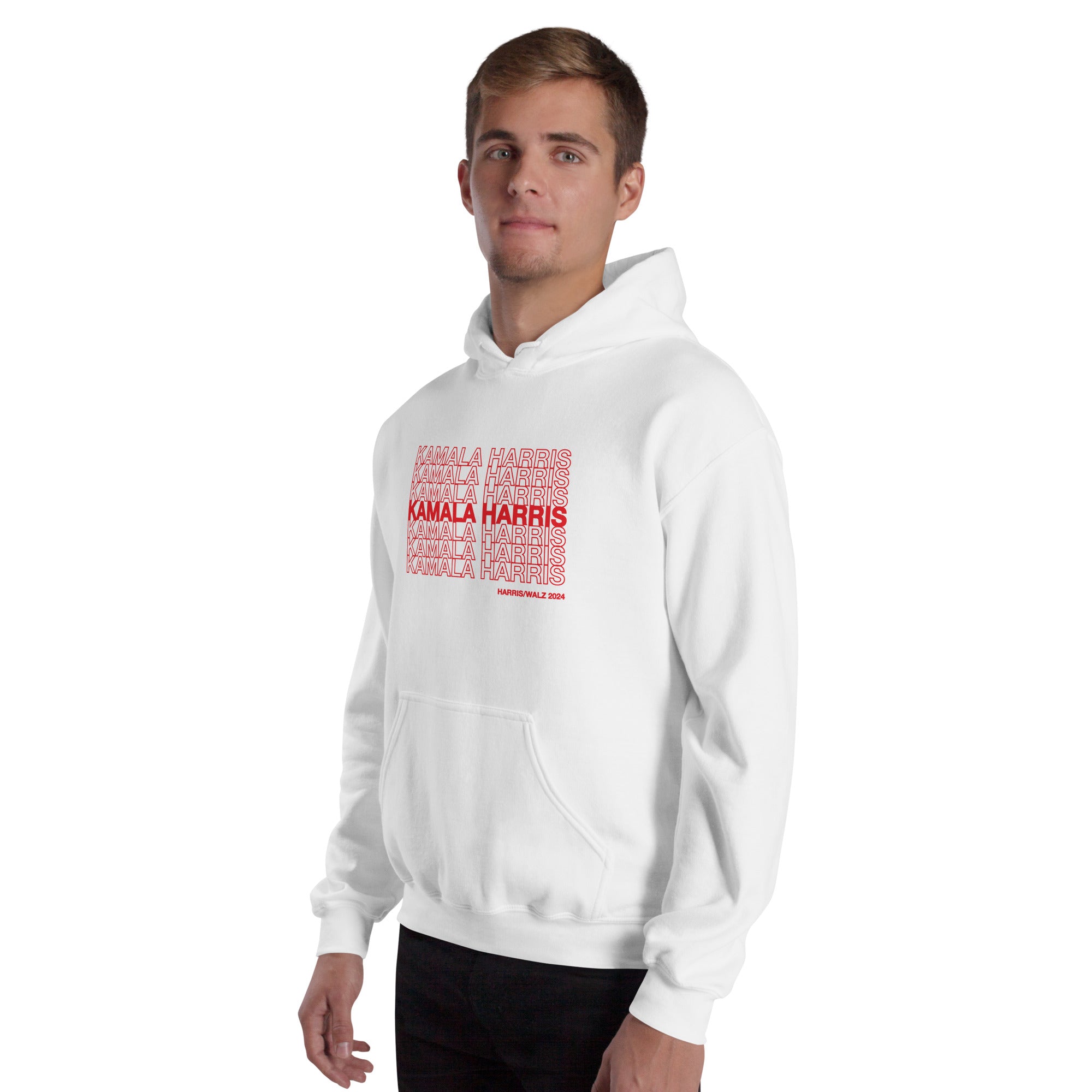 man wearing White unisex hoodie sweatshirt with red text saying "kamala Harris" in the classic plastic shopping bag design