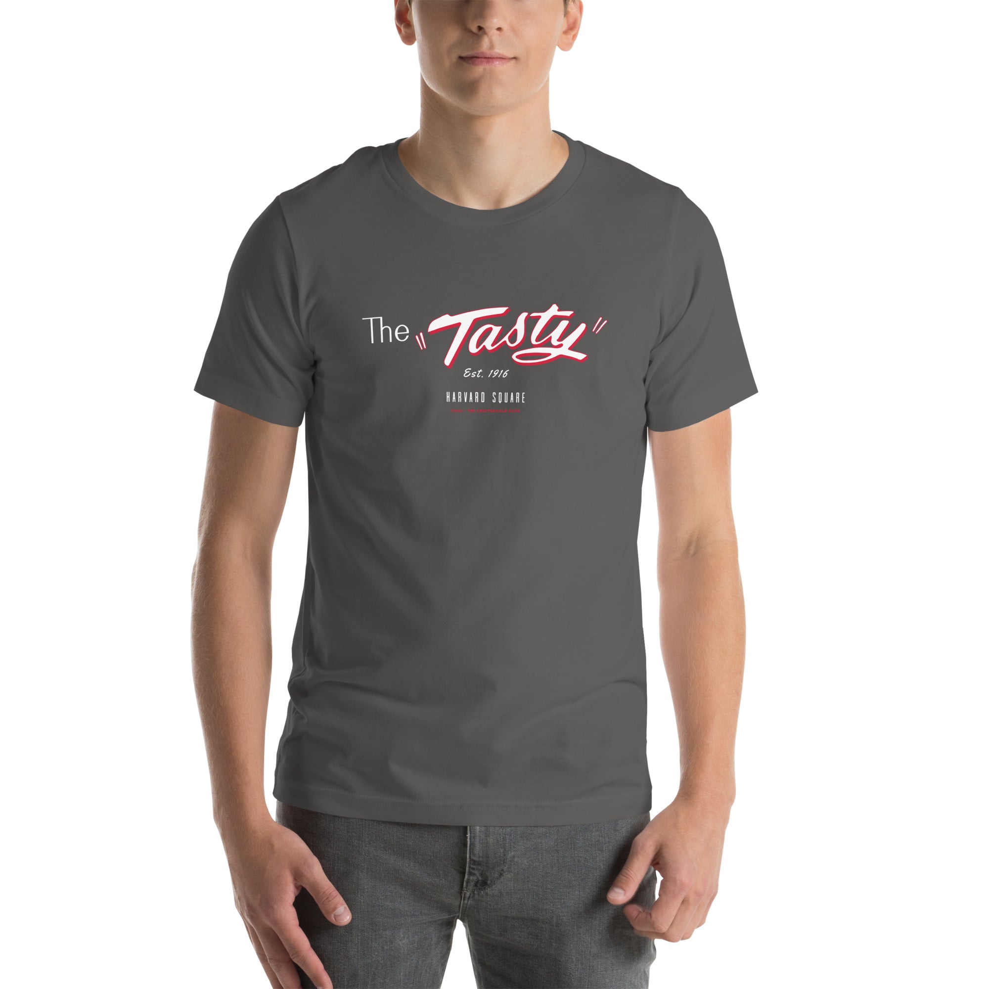 man wearing Dark grey unisex t-shirt with the iconic The Tasty design Harvard Square