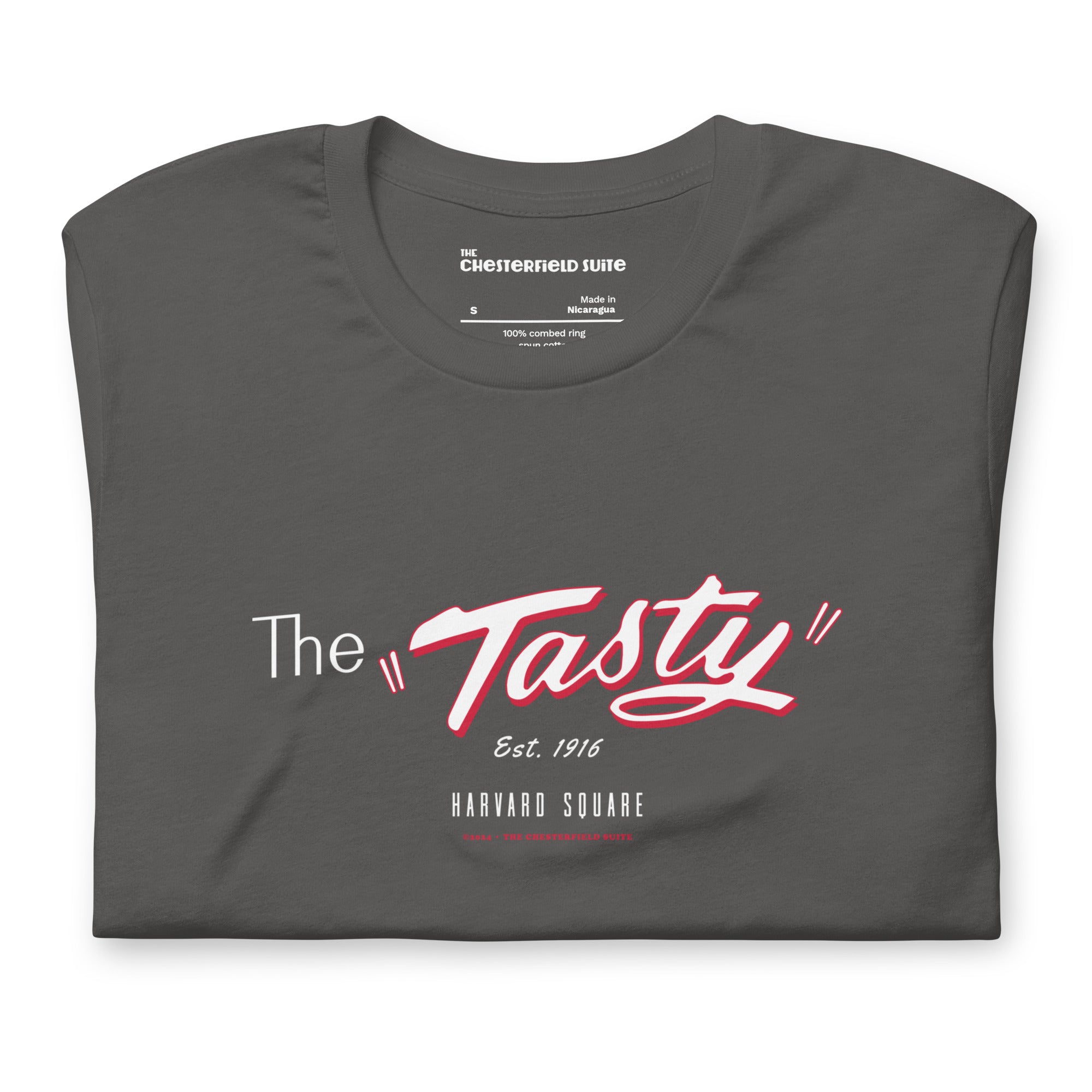 Dark grey unisex t-shirt with the iconic The Tasty design Harvard Square