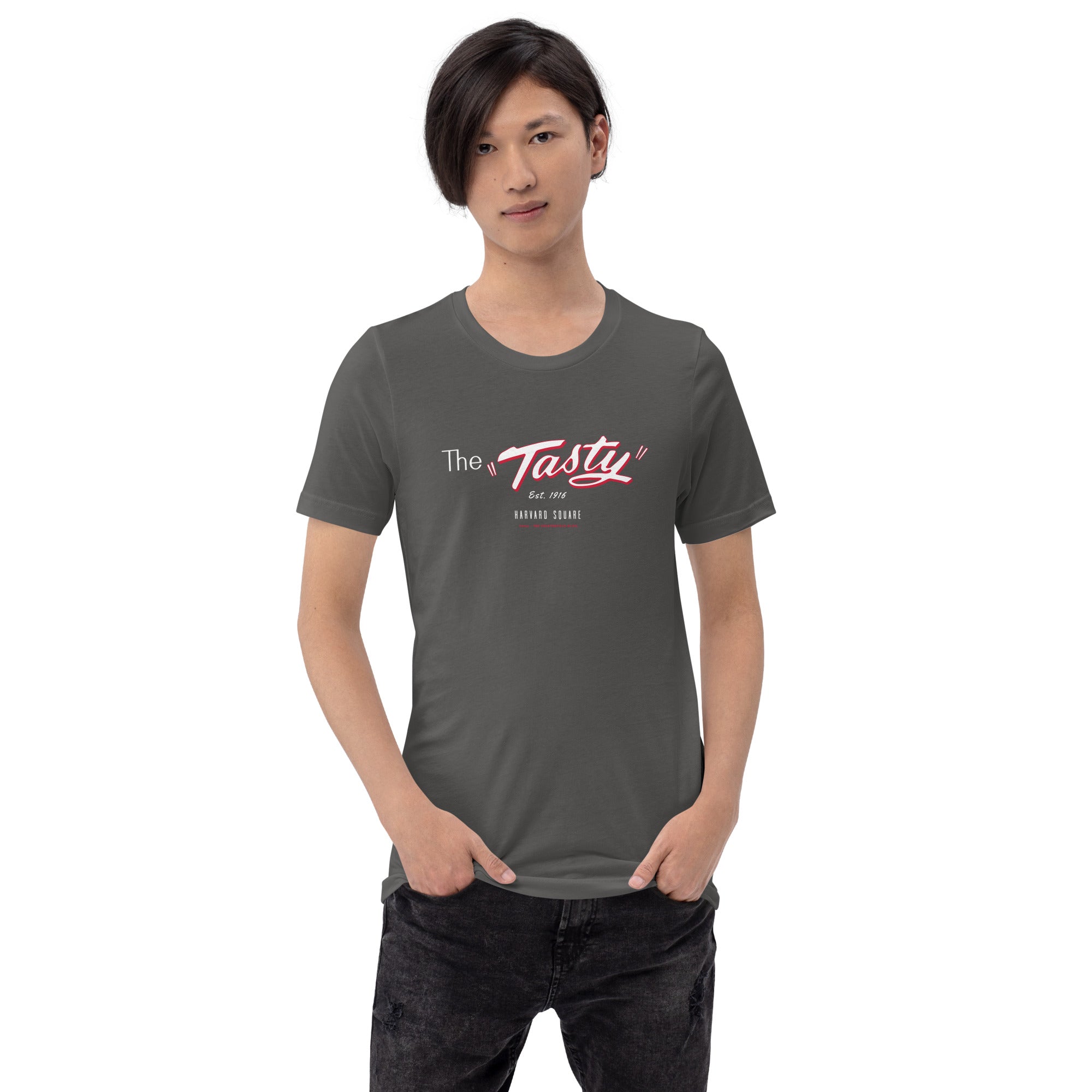 man wearing Dark grey unisex t-shirt with the iconic The Tasty design Harvard Square