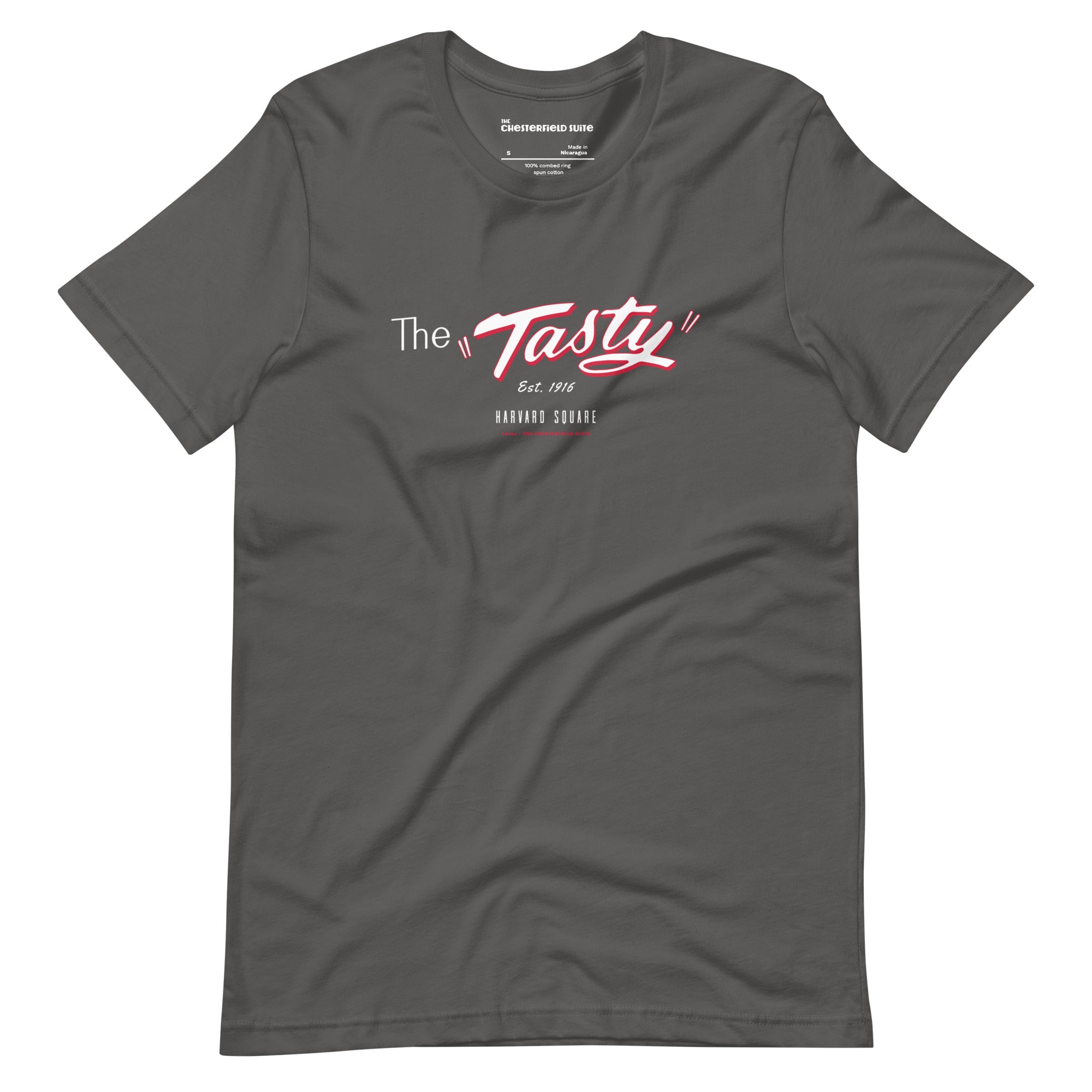 Dark grey unisex t-shirt with the iconic The Tasty design Harvard Square
