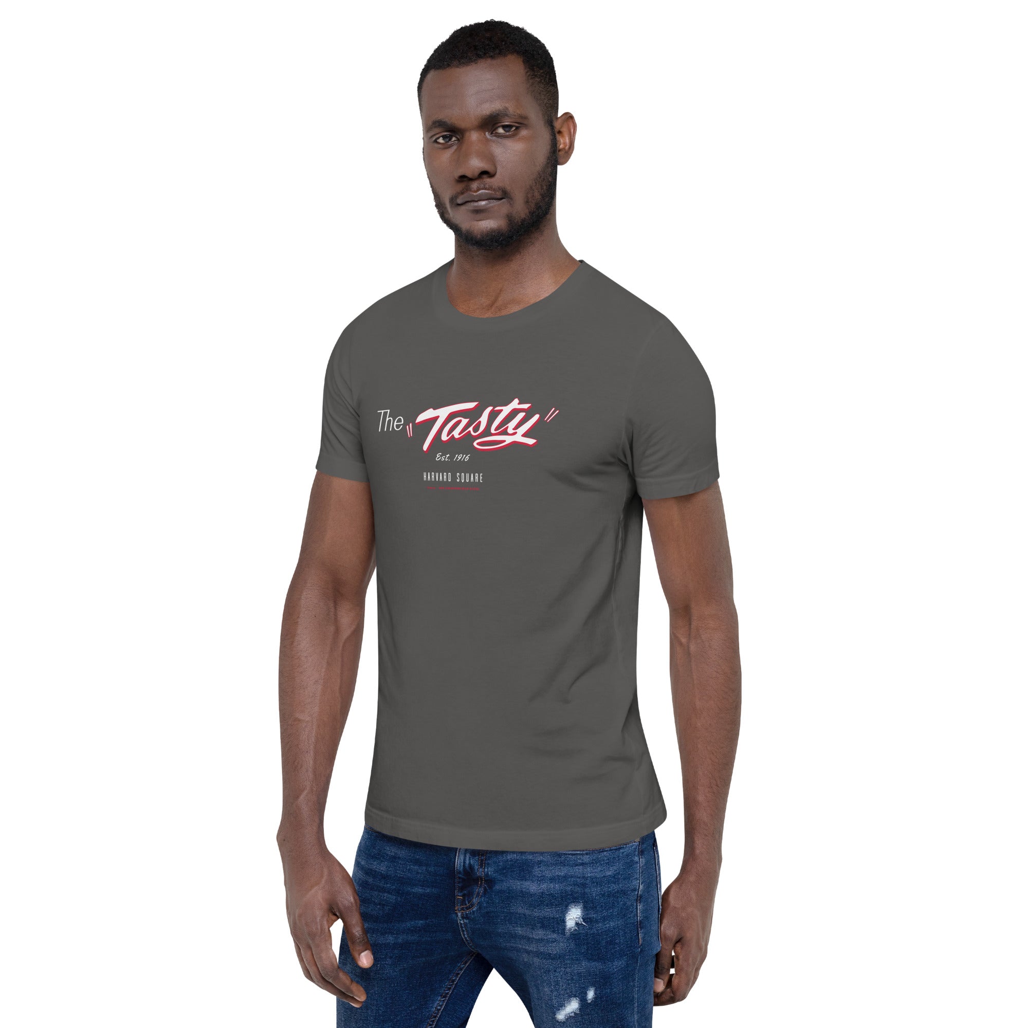 man wearing Dark grey unisex t-shirt with the iconic The Tasty design Harvard Square
