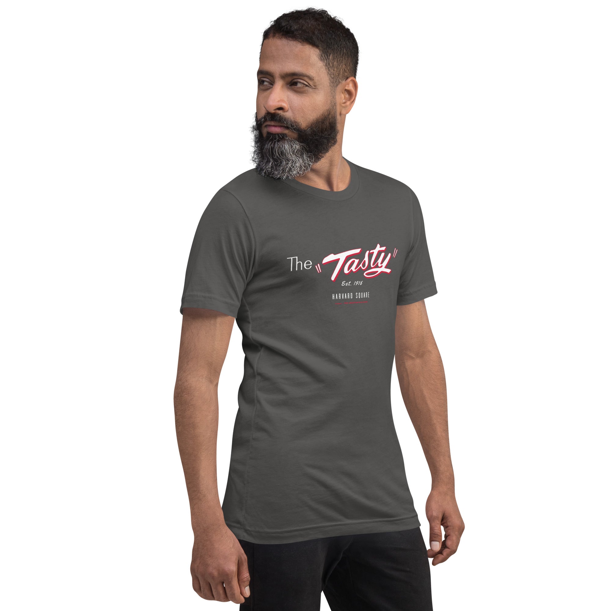man wearing Dark grey unisex t-shirt with the iconic The Tasty design Harvard Square