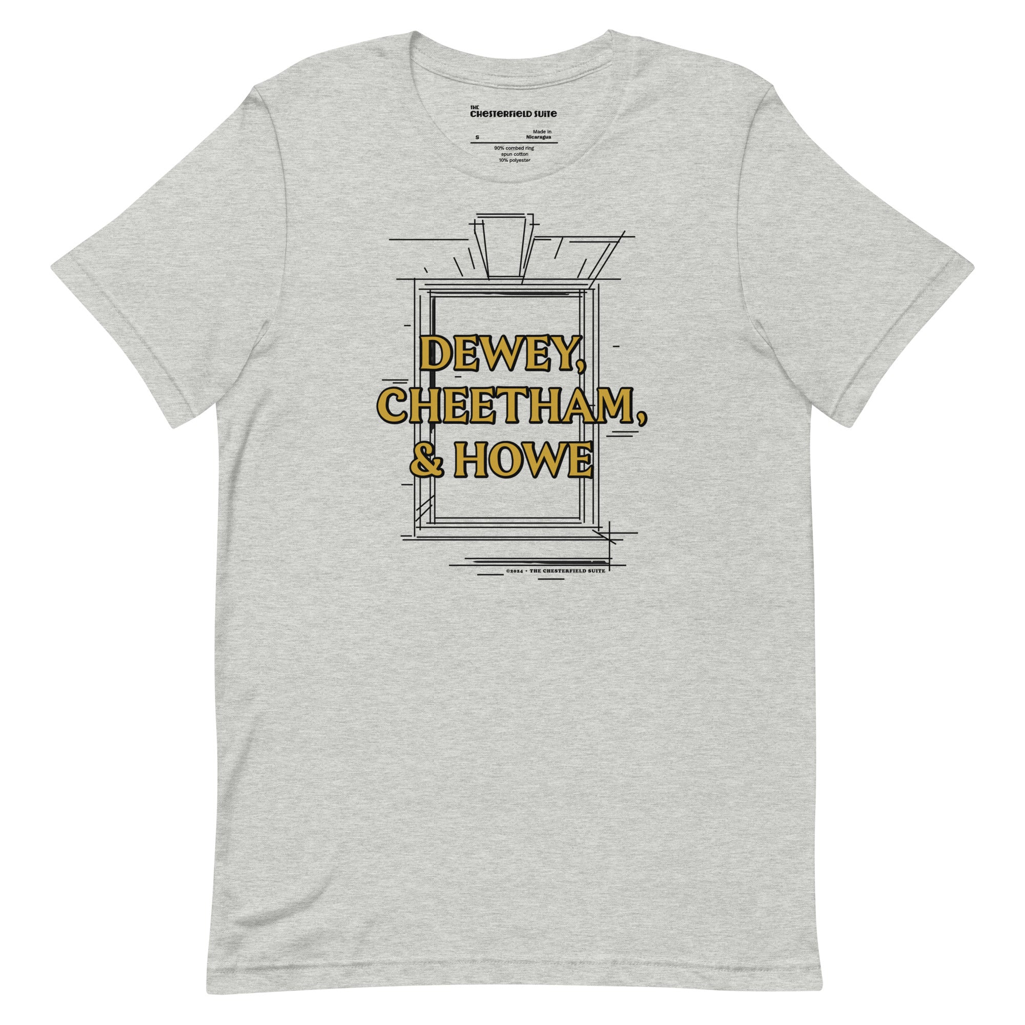 Light grey unisex t-shirt with Dewey Cheetham & Howe from Harvard square written on in gold