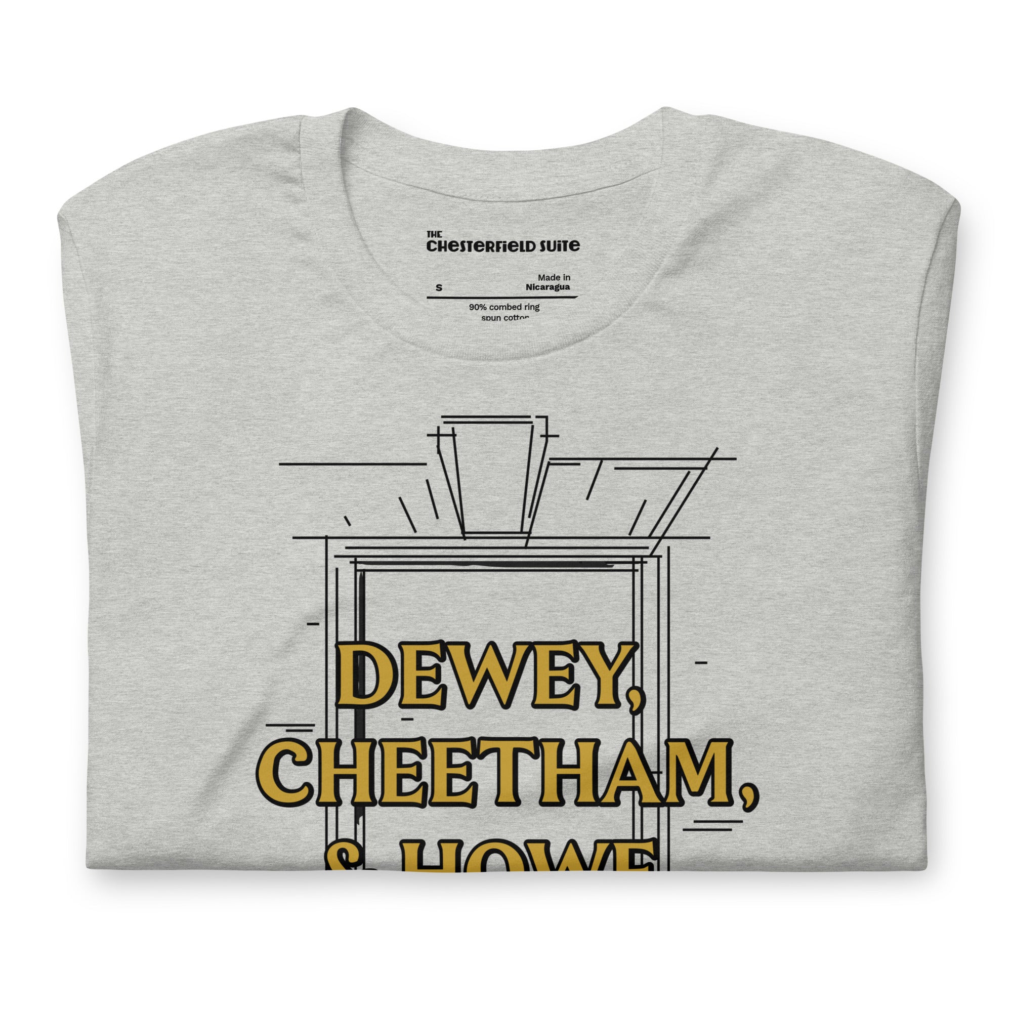 Light grey unisex t-shirt with Dewey Cheetham & Howe from Harvard square written on in gold