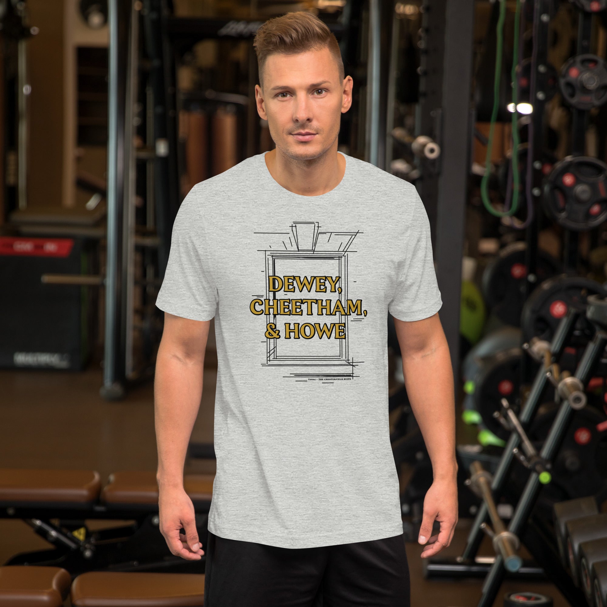 man wearing Light grey unisex t-shirt with Dewey Cheetham & Howe from Harvard square written on in gold