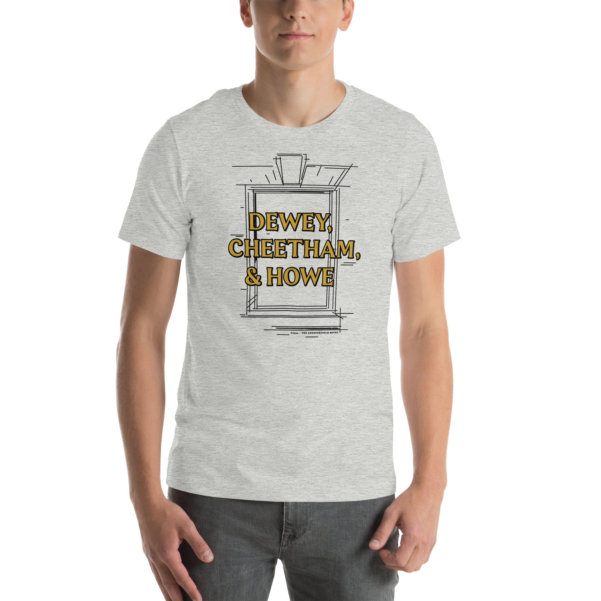 man wearing Light grey unisex t-shirt with Dewey Cheetham & Howe from Harvard square written on in gold