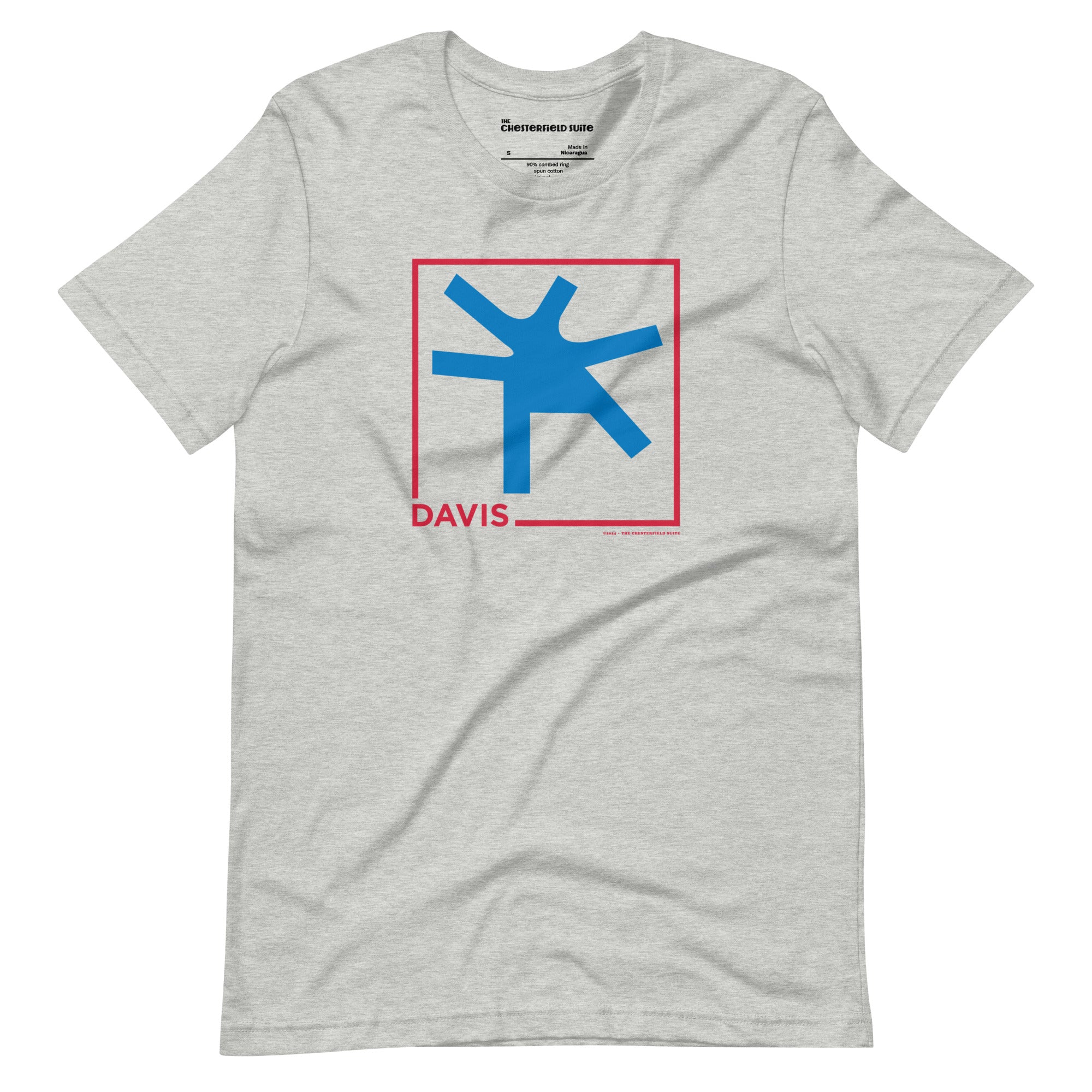 Grey unisex t-shirt with the word Davis and a square in red, with the blue intersection