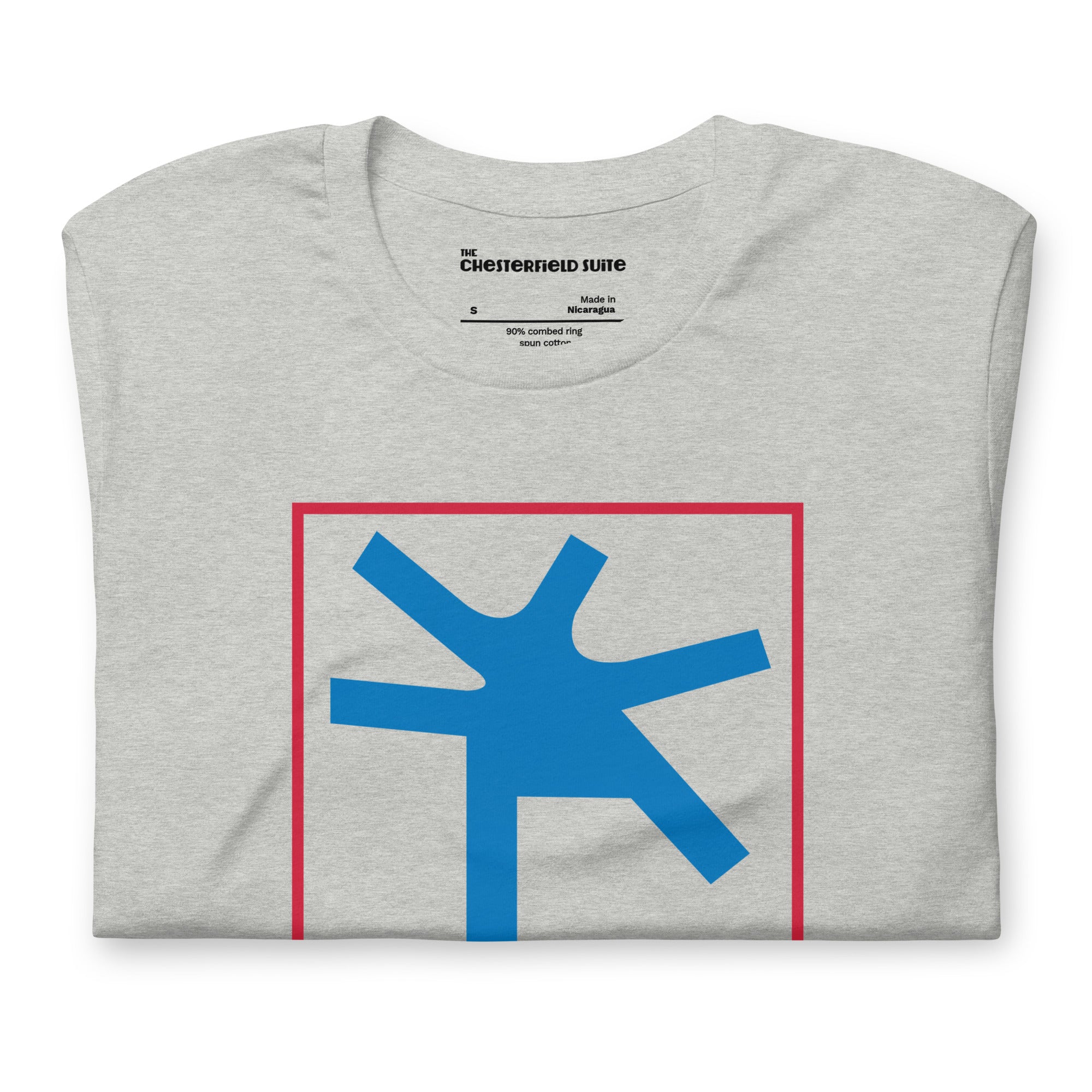Grey unisex t-shirt with the word Davis and a square in red, with the blue intersection