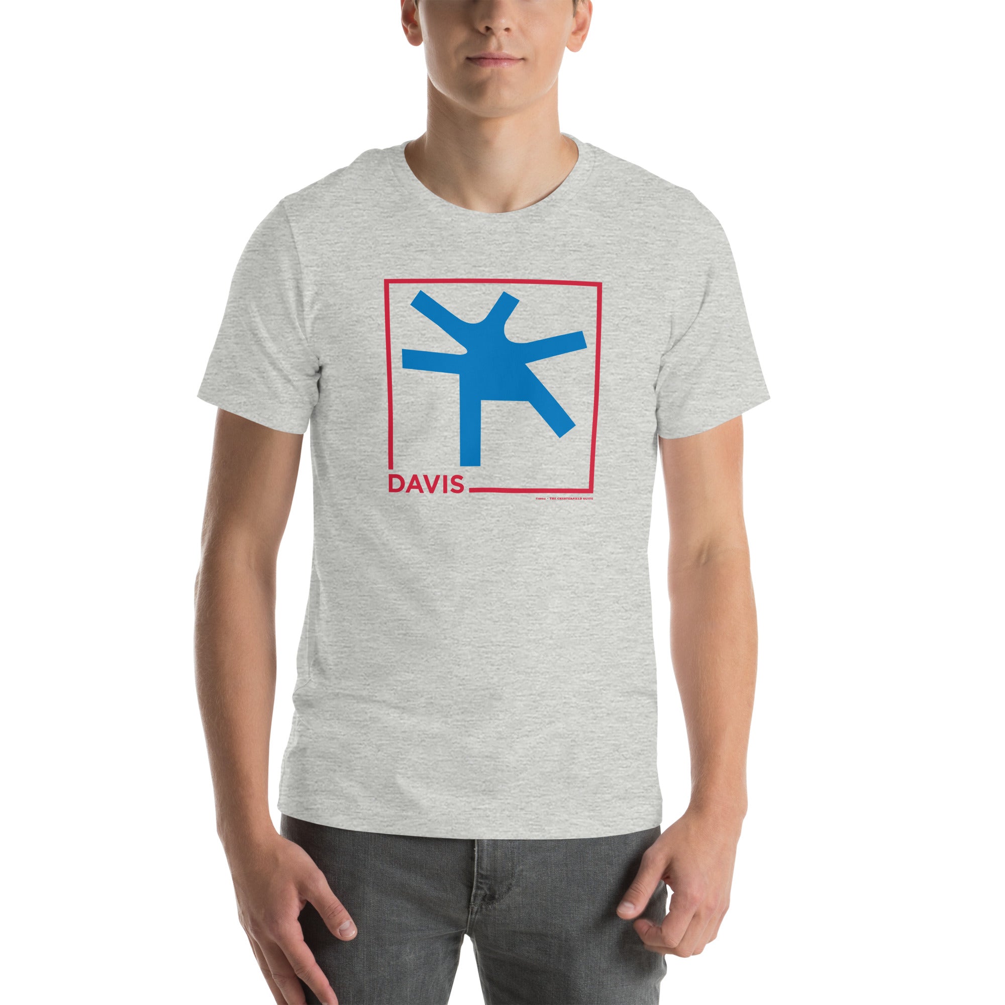 man wearing Grey unisex t-shirt with the word Davis and a square in red, with the blue intersection