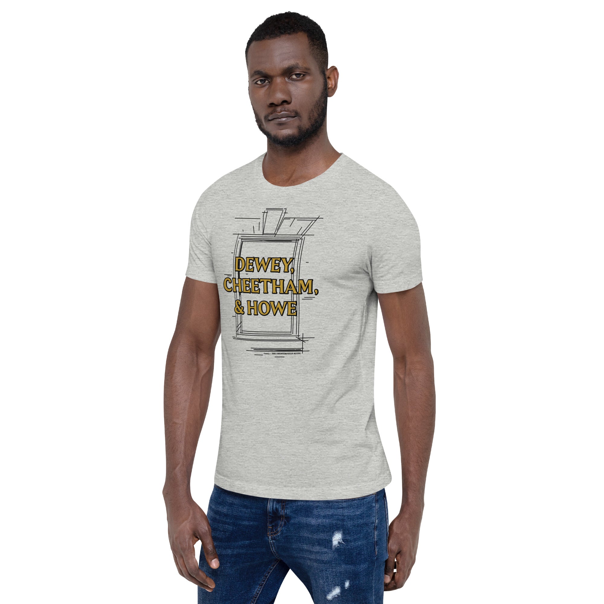 man wearing Light grey unisex t-shirt with Dewey Cheetham & Howe from Harvard square written on in gold