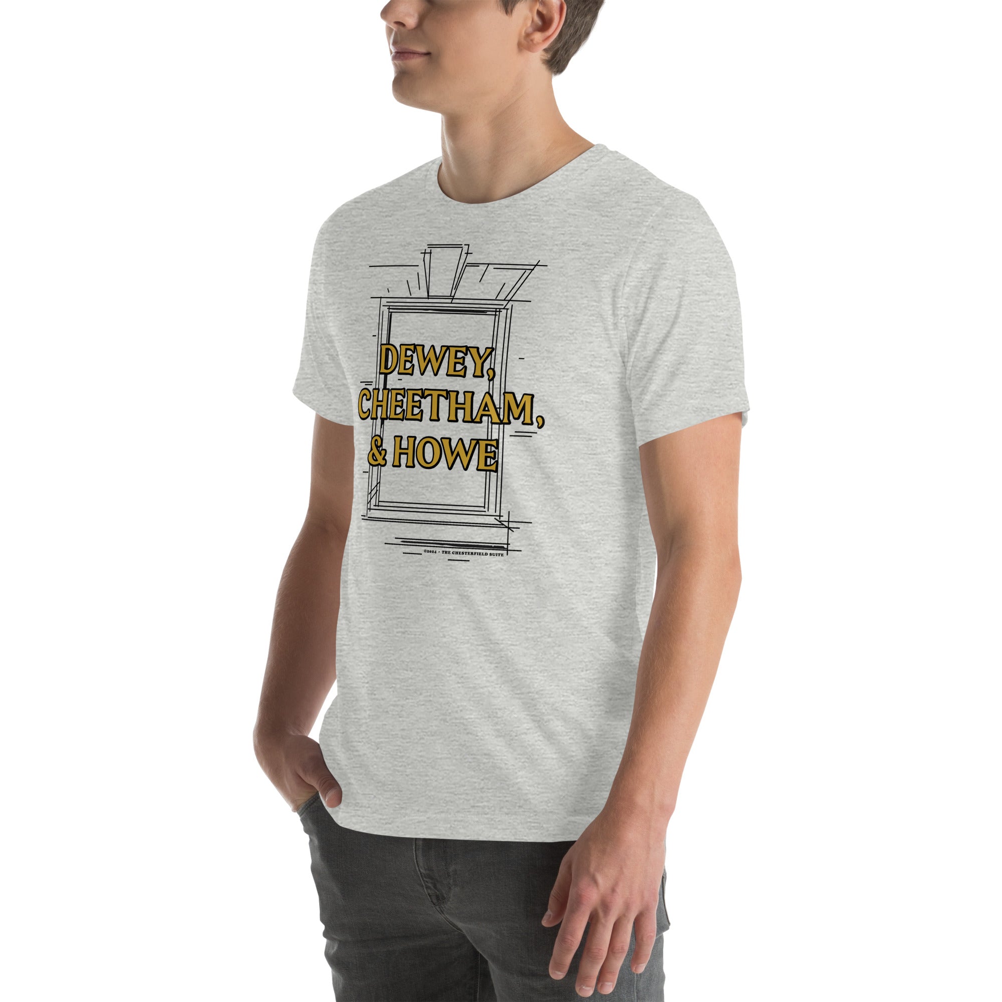 man wearing Light grey unisex t-shirt with Dewey Cheetham & Howe from Harvard square written on in gold