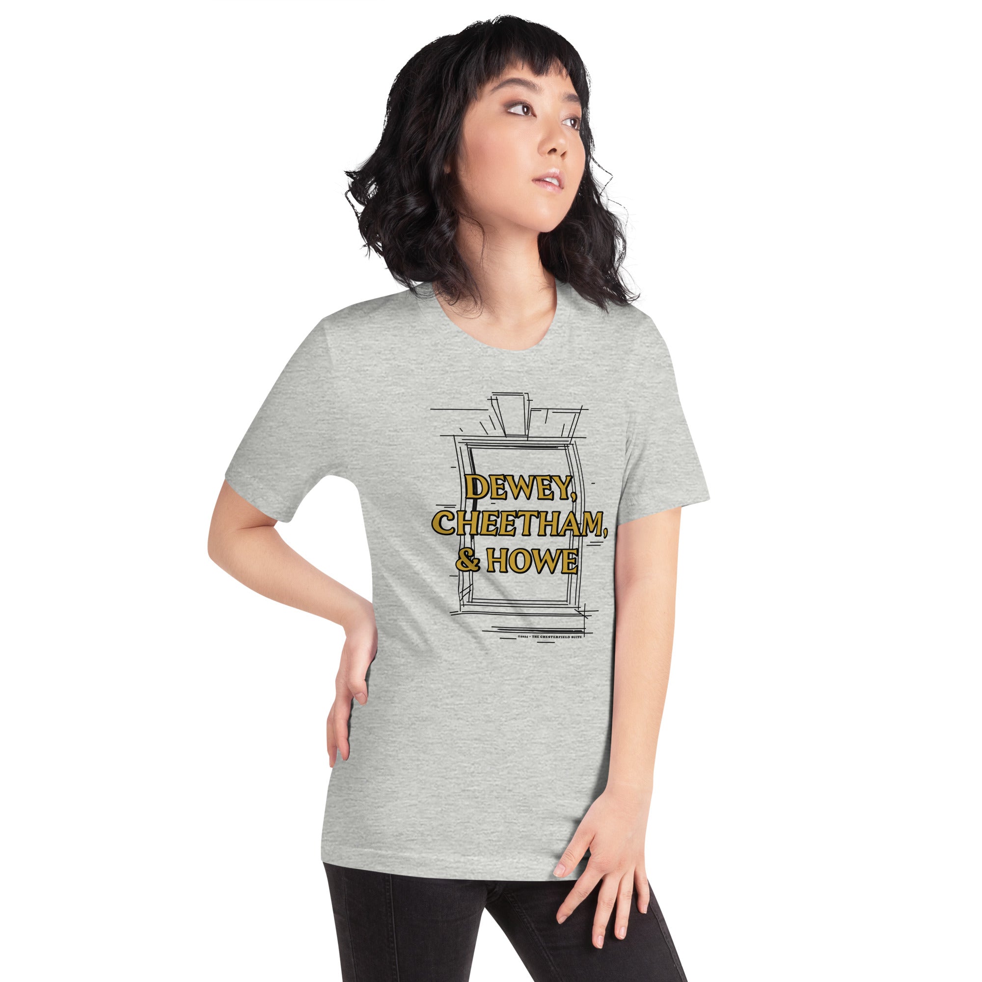 woman wearing Light grey unisex t-shirt with Dewey Cheetham & Howe from Harvard square written on in gold