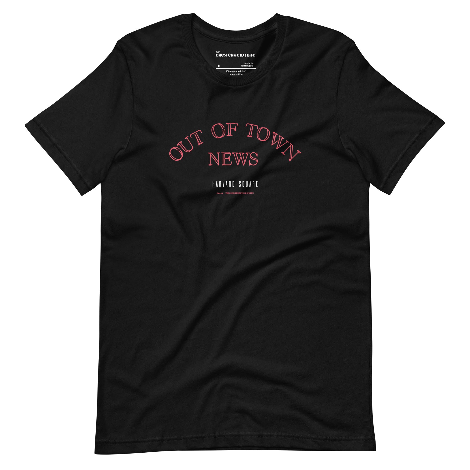 Black unisex t-shirt with Out of Town News Harvard Square written in red neon