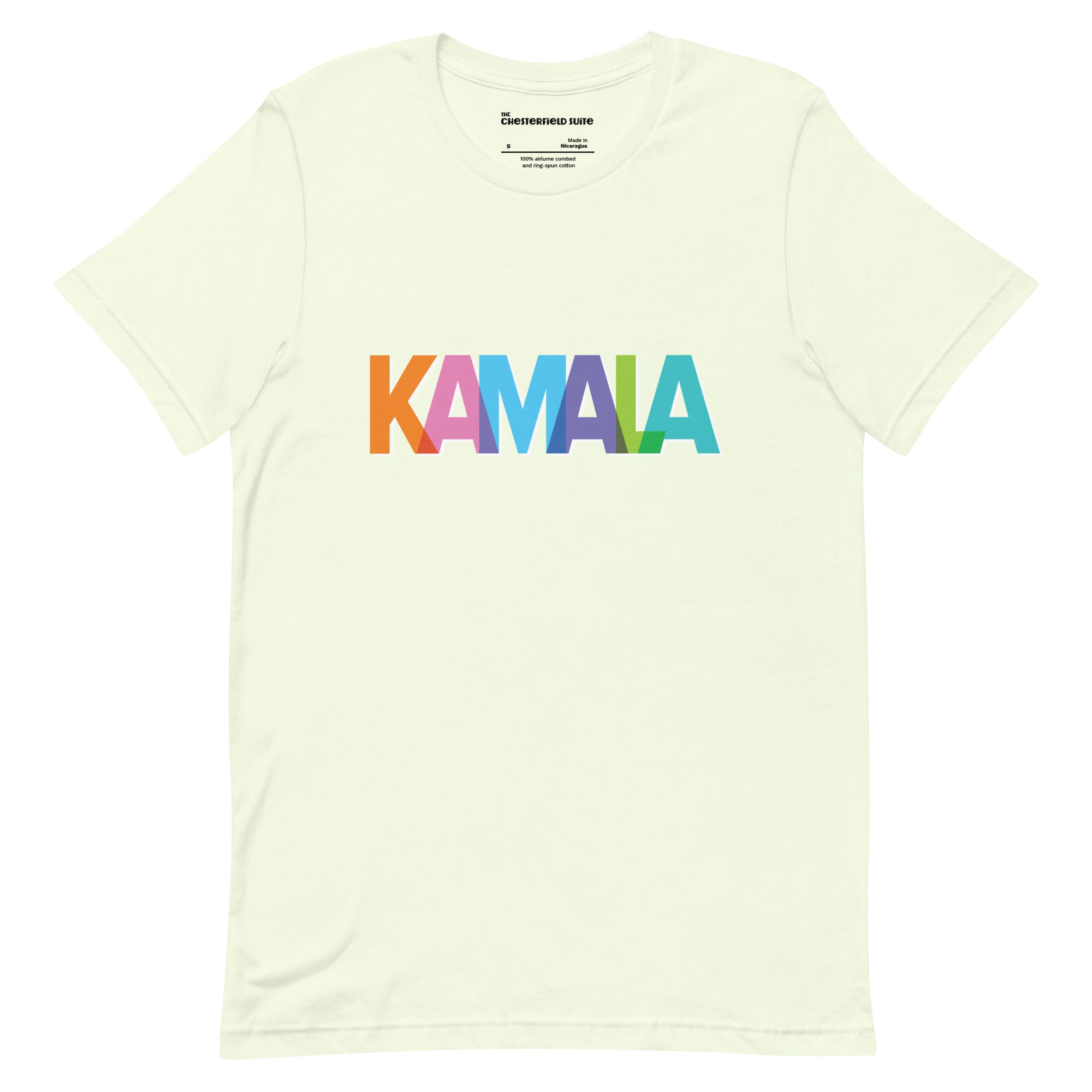 citron colored unisex t-shirt with KAMALA on the front with multi colored overlapping letters