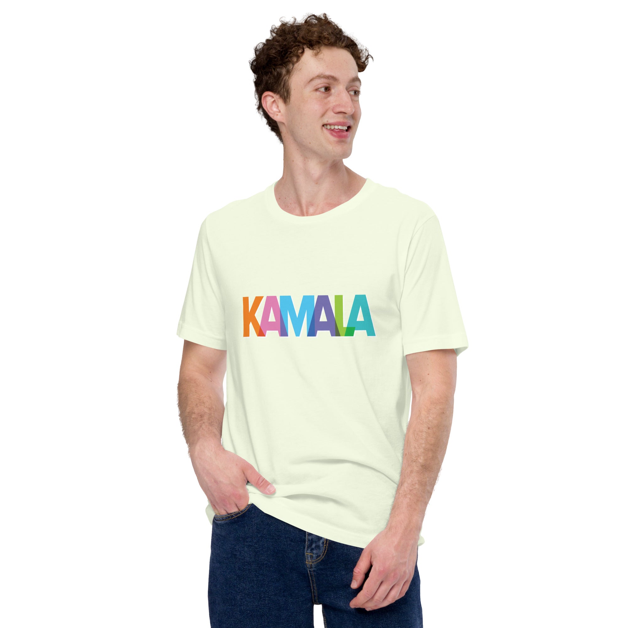 man wearing citron colored unisex t-shirt with KAMALA on the front with multi colored overlapping letters