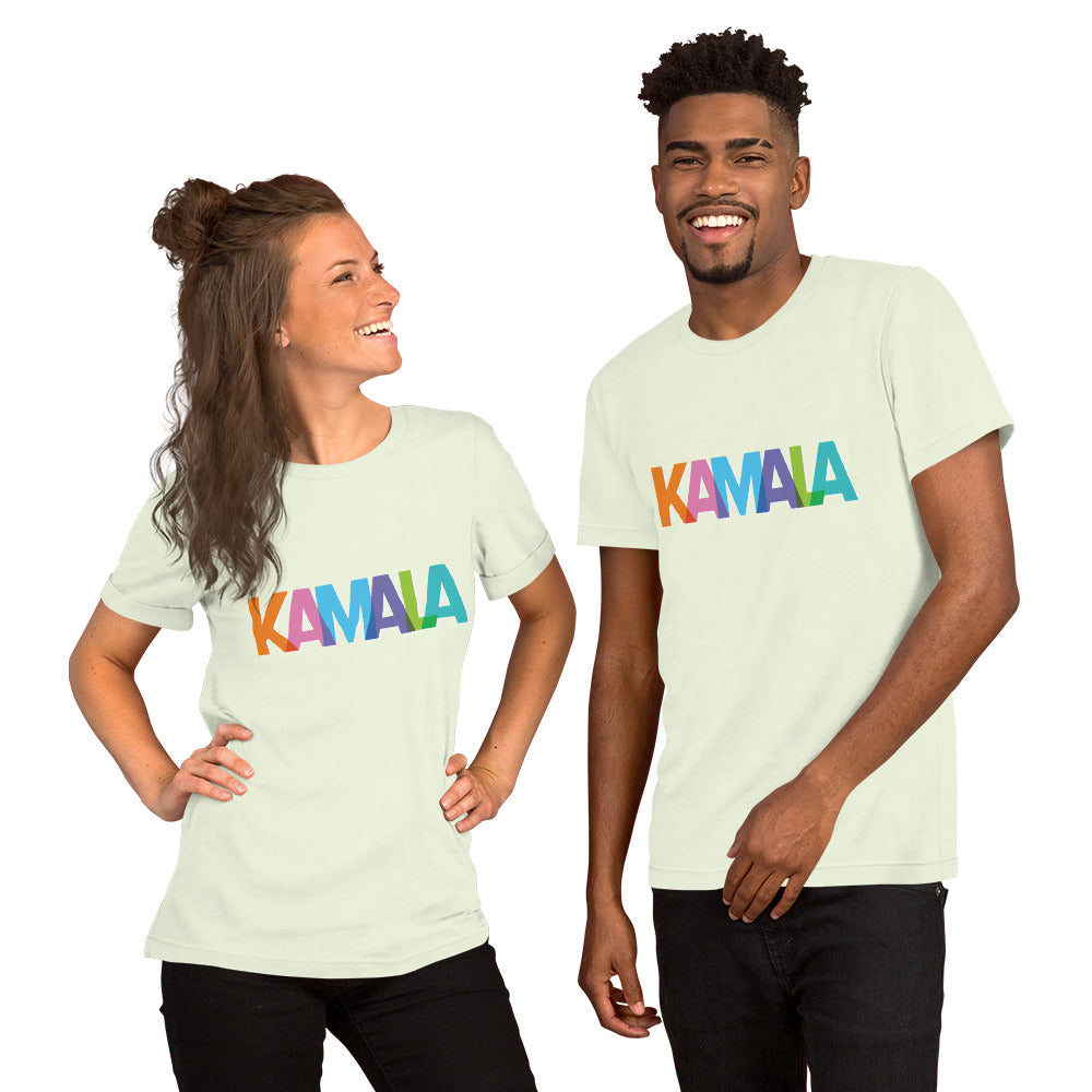 woman and man wearing citron colored unisex t-shirt with KAMALA on the front with multi colored overlapping letters