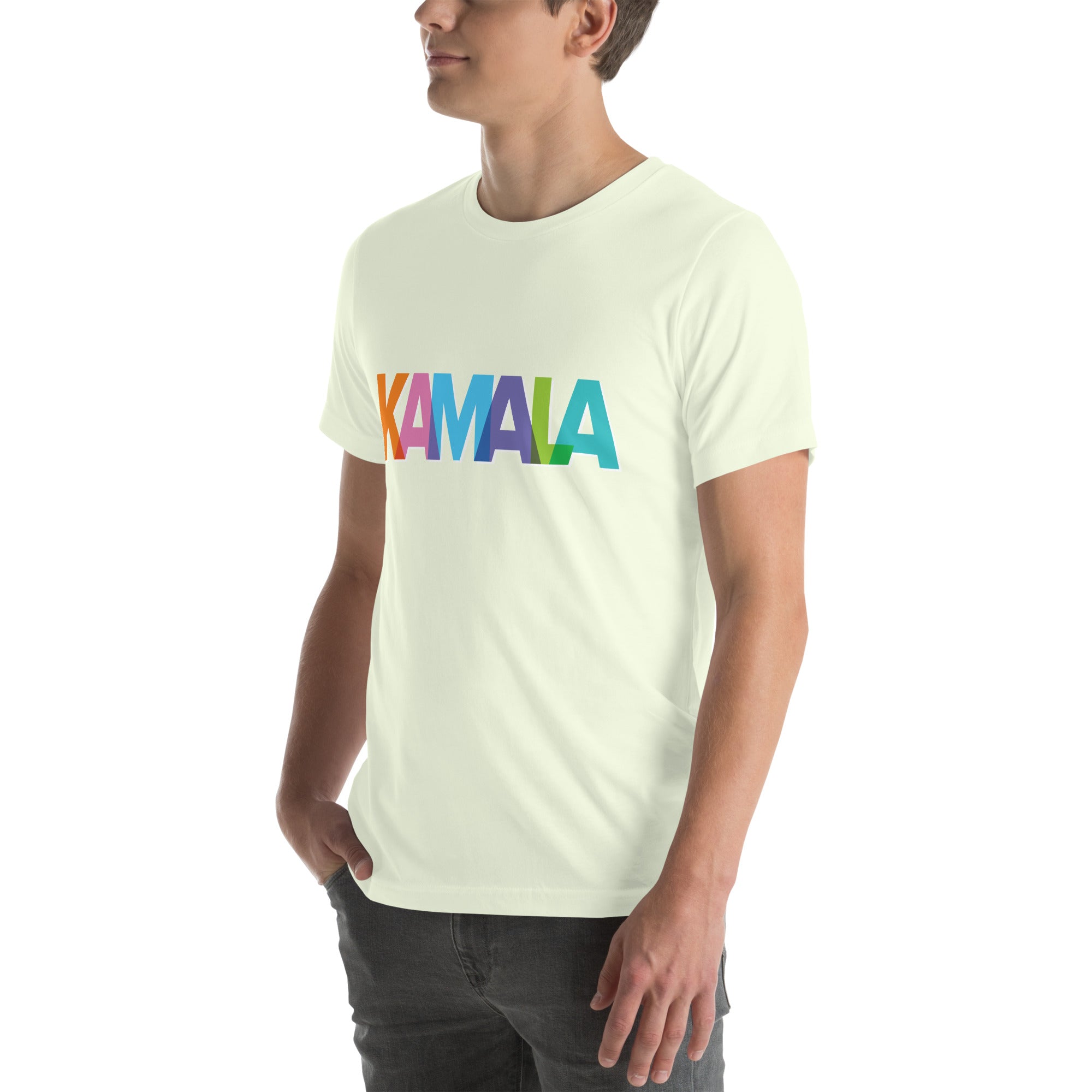 man wearing citron colored unisex t-shirt with KAMALA on the front with multi colored overlapping letters