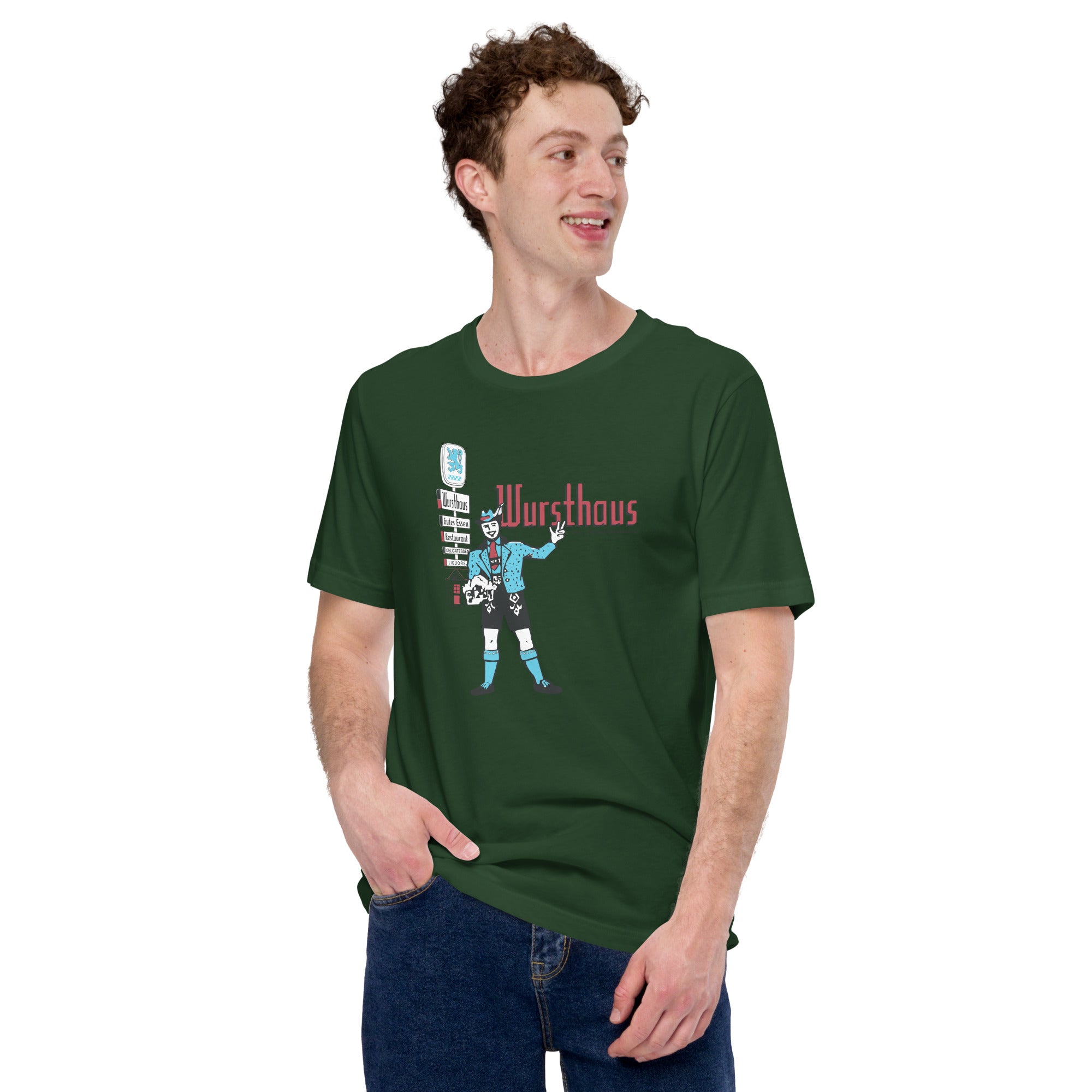 man wearing green unisex t-shirt with cambridge harvard square vintage german restaurant wursthaus