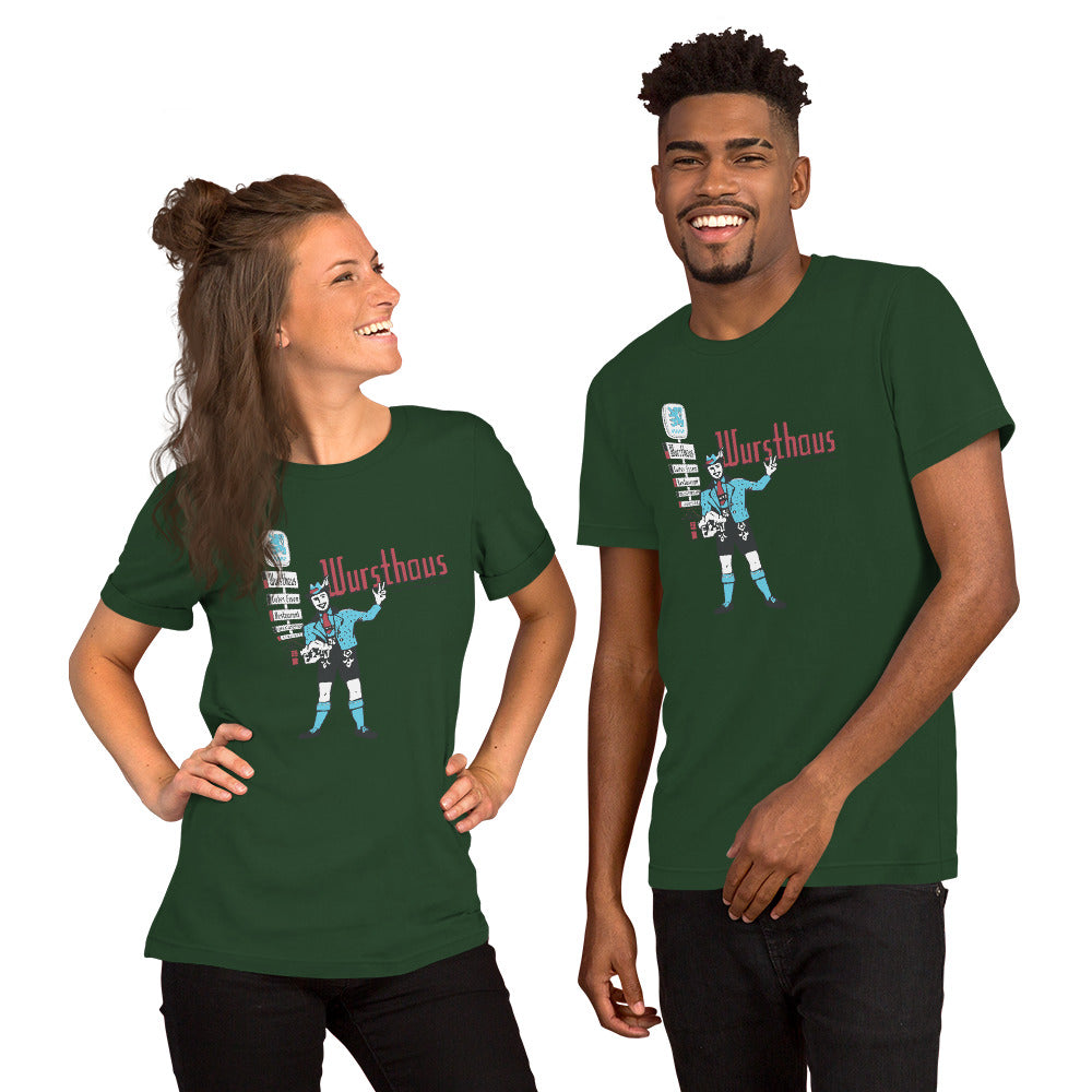 man and woman wearing green unisex t-shirt with cambridge harvard square vintage german restaurant wursthaus