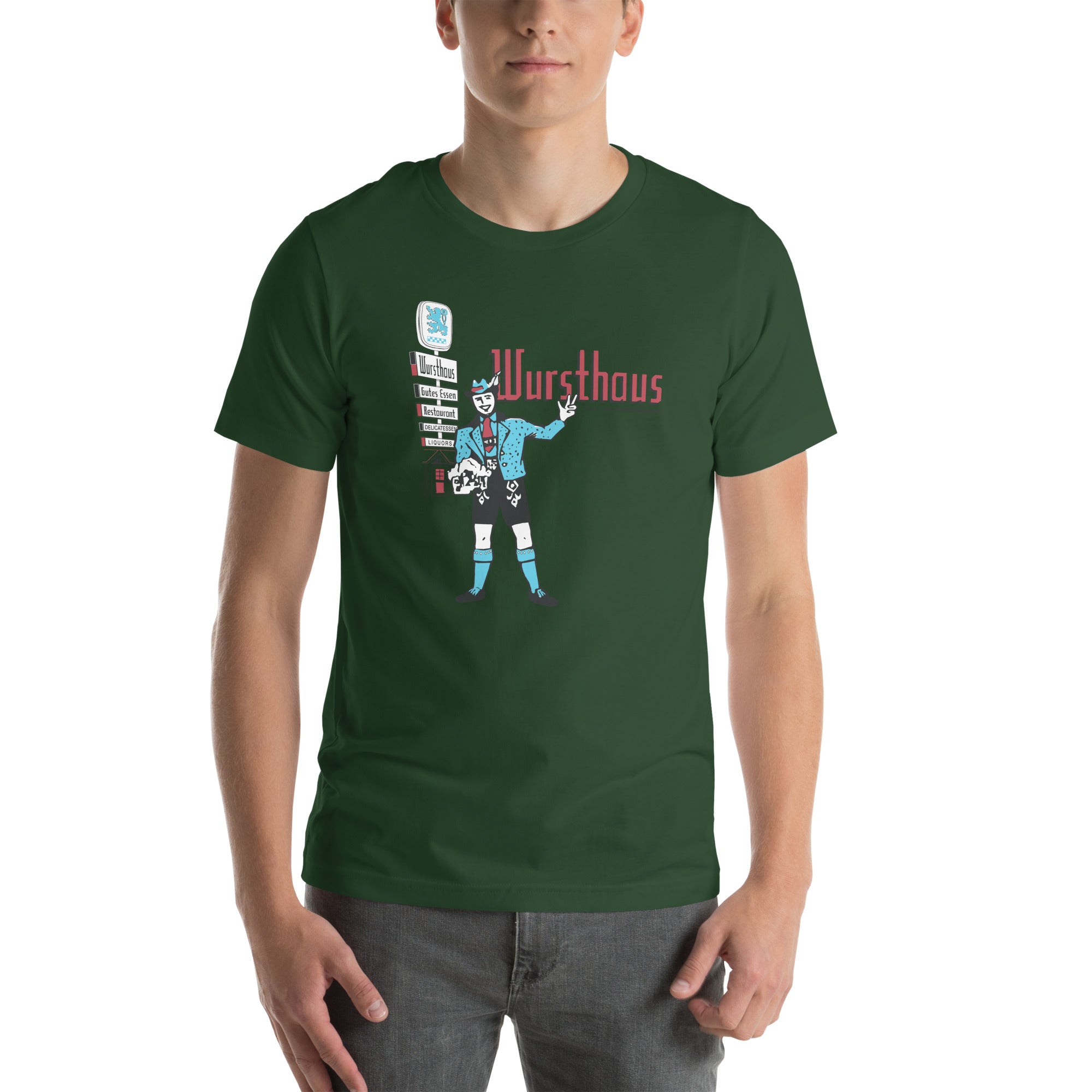 man wearing green unisex t-shirt with cambridge harvard square vintage german restaurant wursthaus