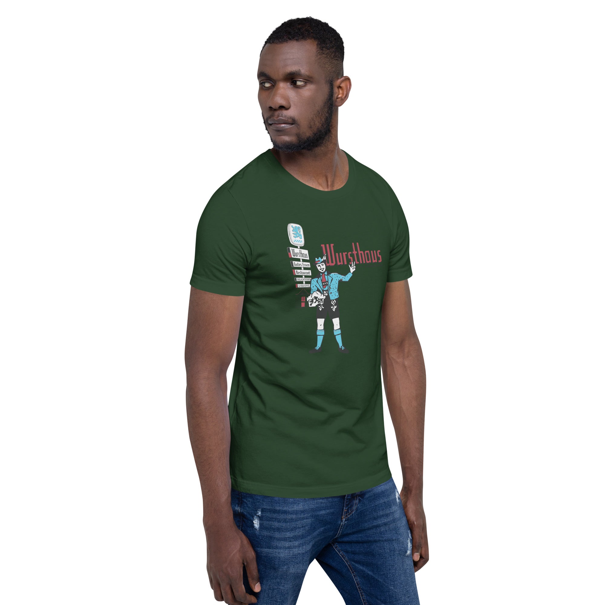 man wearing green unisex t-shirt with cambridge harvard square vintage german restaurant wursthaus