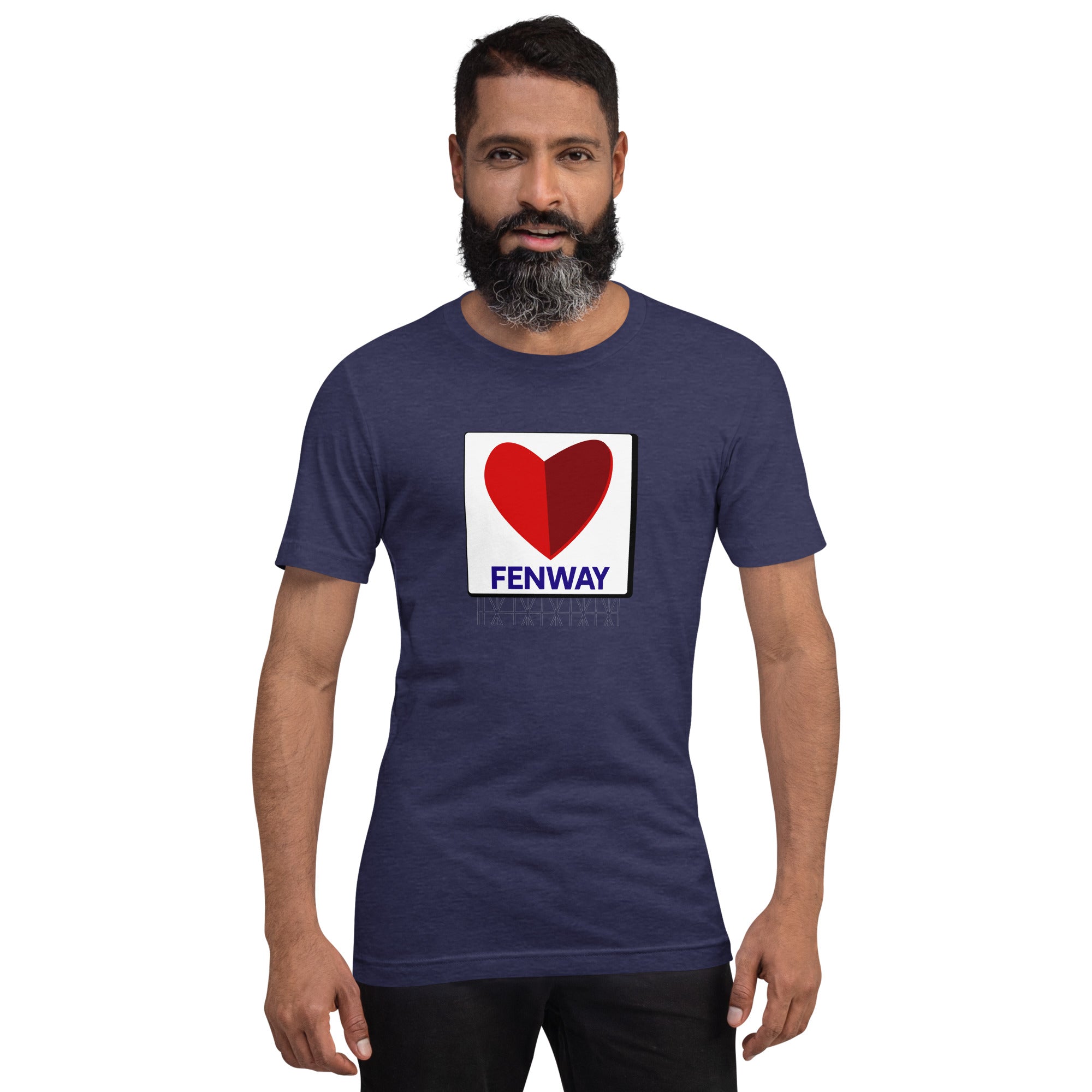 photo of man wearing navy blue t-shirt with graphic of the citgo sign boston fenway as a heart on navy unisex tshirt