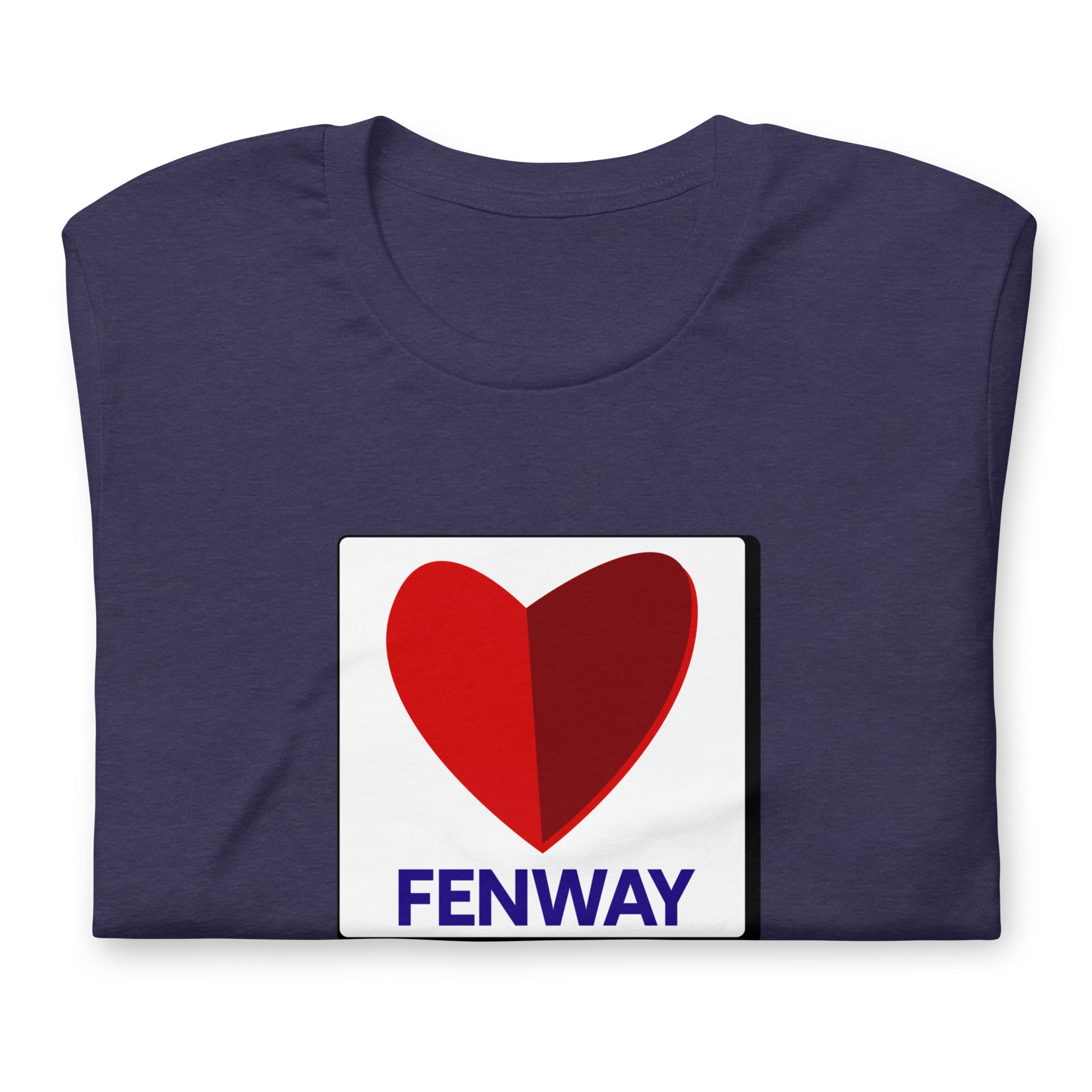 photo of navy blue t-shirt with graphic of the citgo sign boston fenway as a heart on navy unisex tshirt