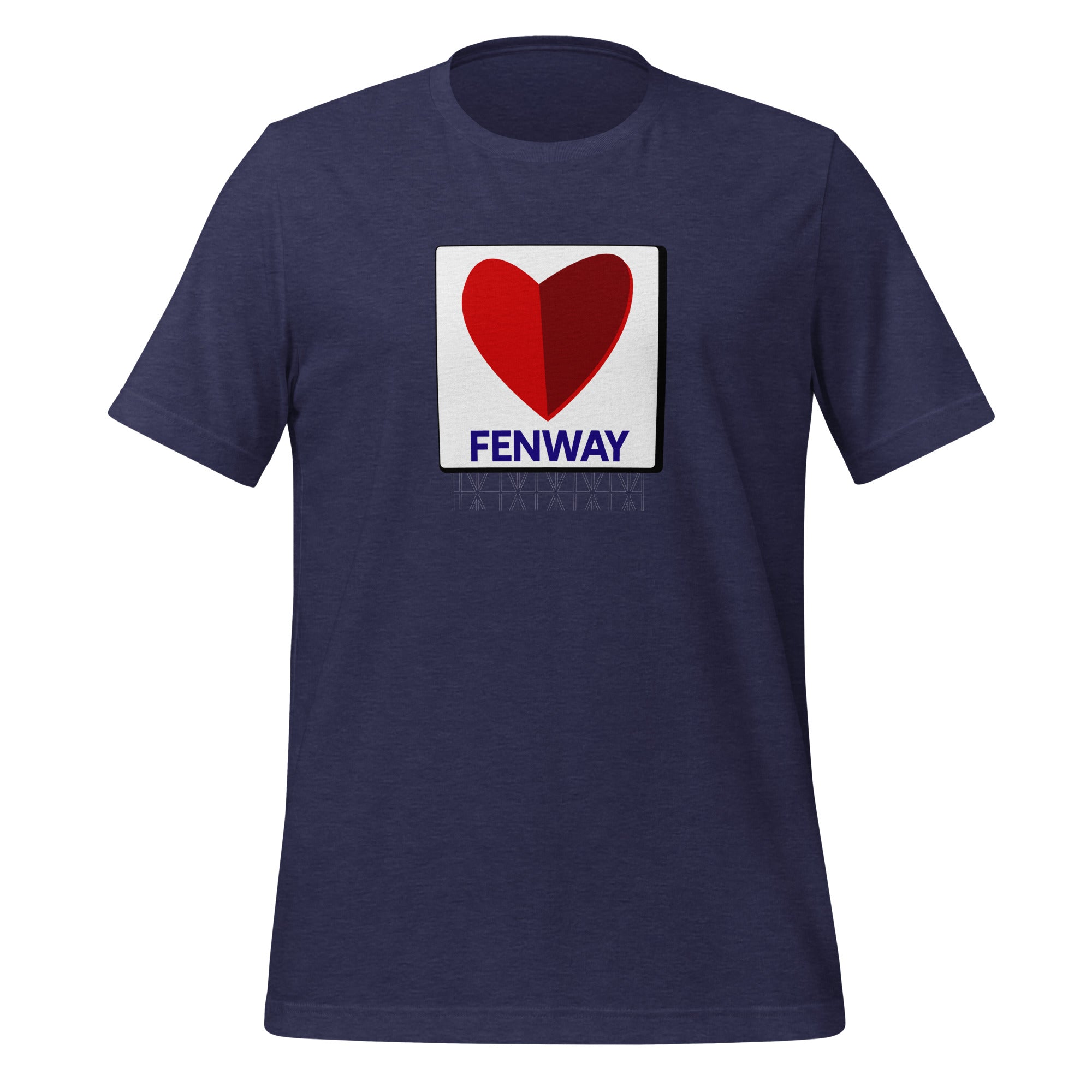 photo of navy blue t-shirt with graphic of the citgo sign boston fenway as a heart on navy unisex tshirt