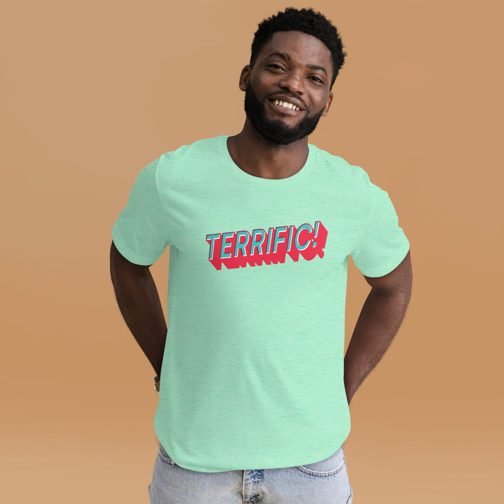 man wearing Terrific! written in turquoise block lettering with red shadow on light green unisex tshirt