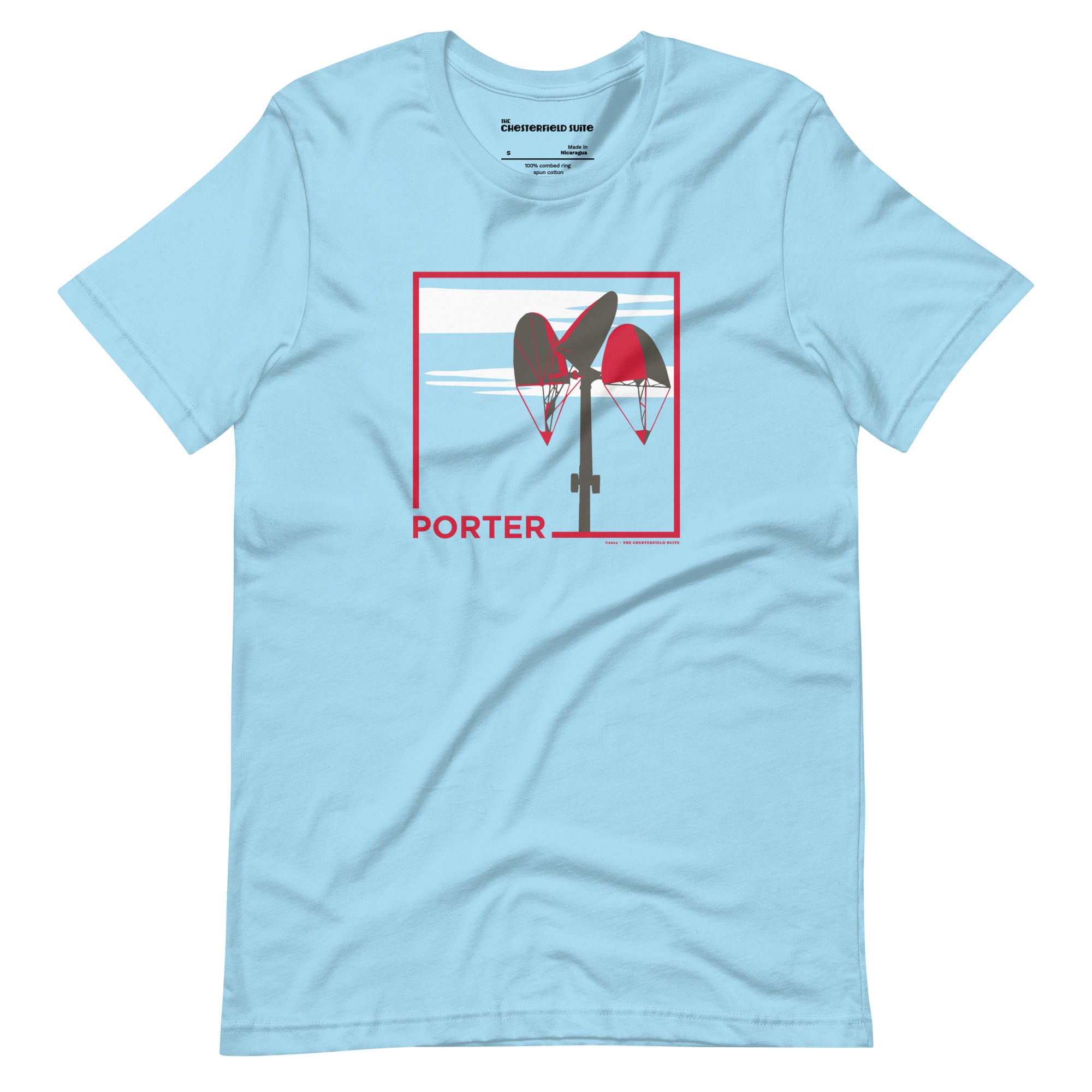 light blue t-shirt with the word porter and a square in red, featuring it's mobile and a white cloud