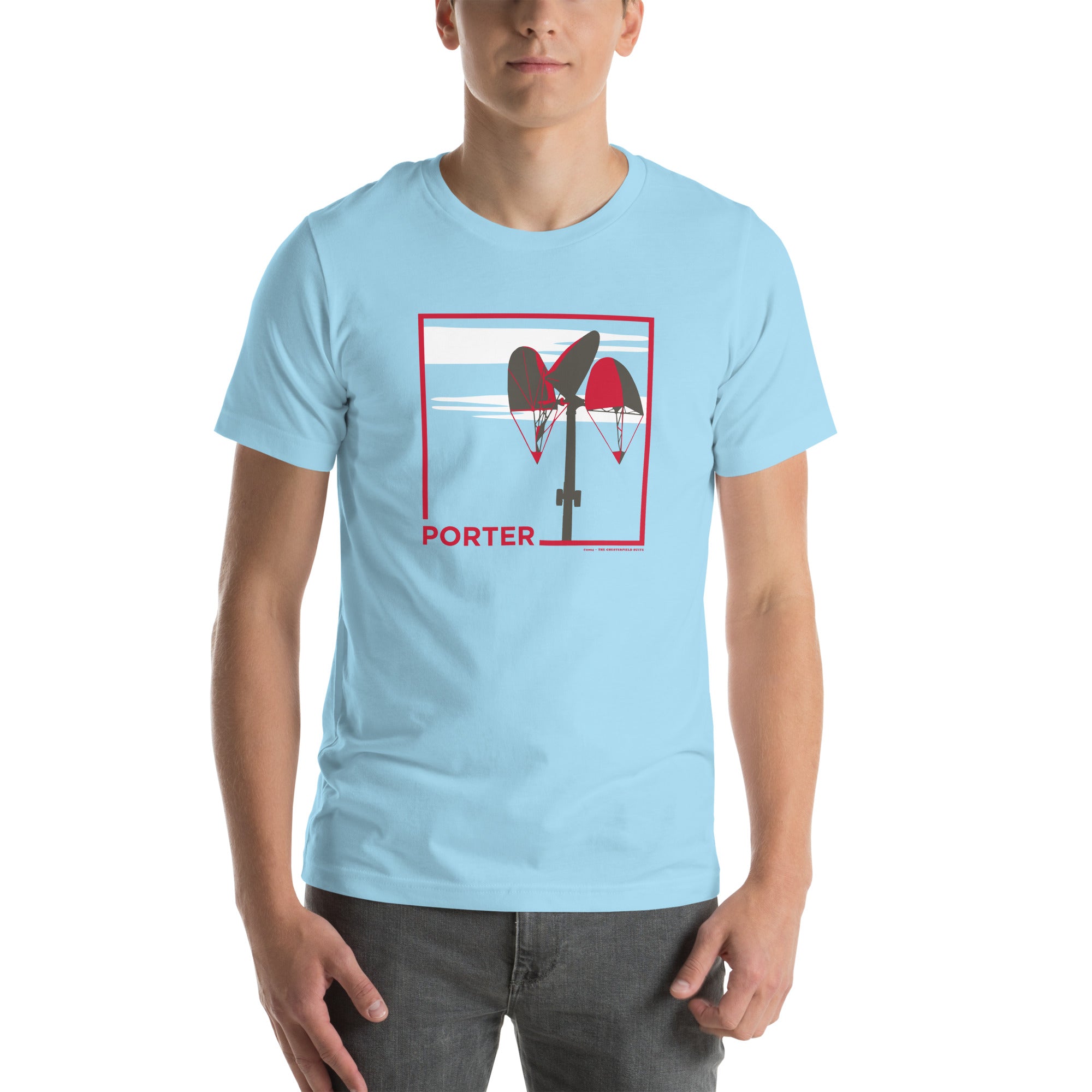 man wearing light blue unisex t-shirt with the word porter and a square in red, featuring it's mobile and a white cloud