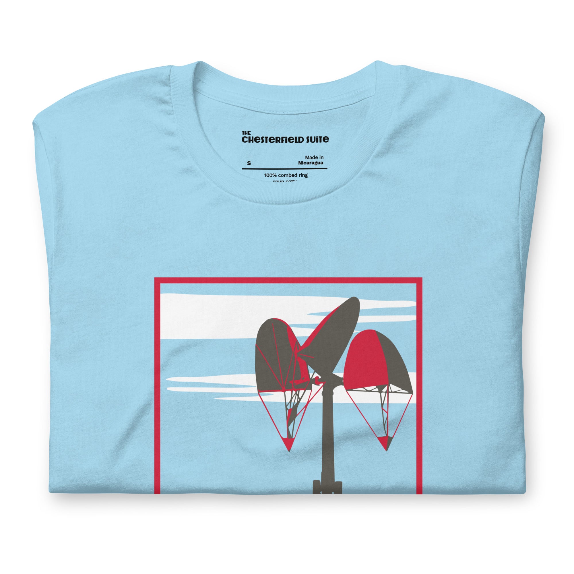light blue unisex t-shirt with the word porter and a square in red, featuring it's mobile and a white cloud