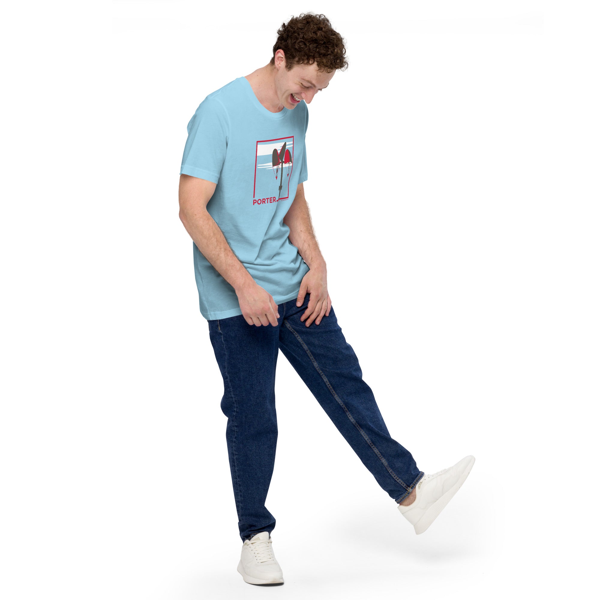 man wearing light blue unisex t-shirt with the word porter and a square in red, featuring it's mobile and a white cloud