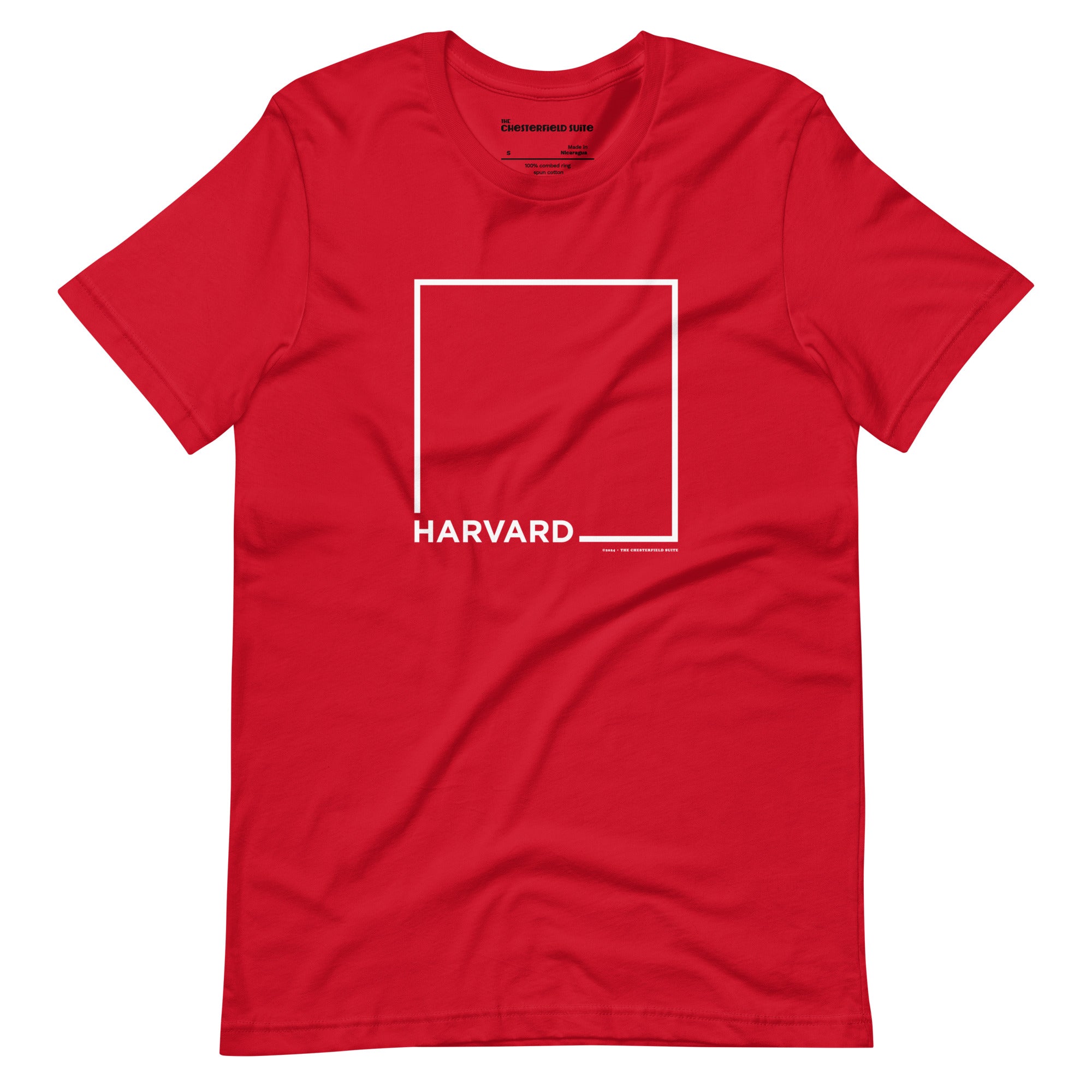 Red unisex t-shirt with the word Harvard and a white square for harvard square