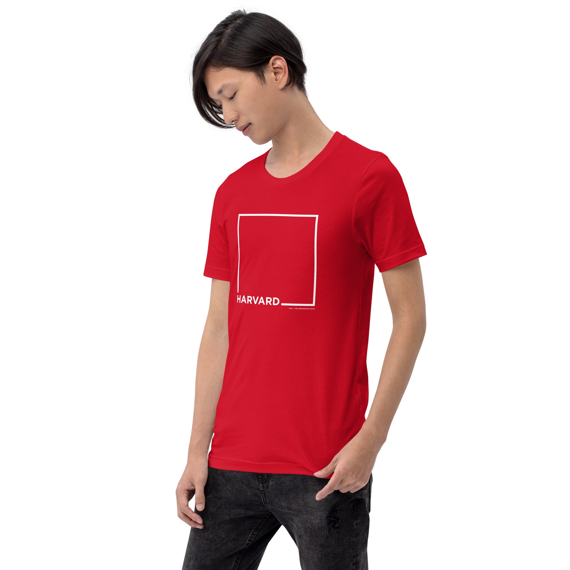 man wearing Red unisex t-shirt with the word Harvard and a white square for harvard square