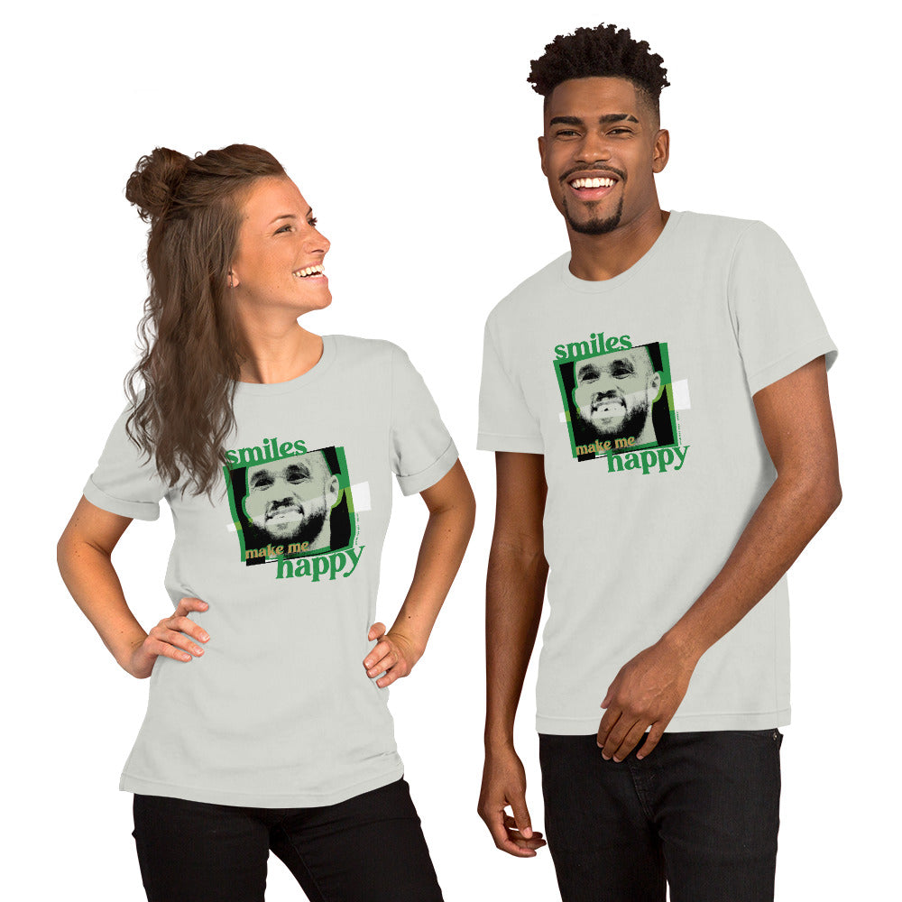 woman and man wearing silver grey shirt with boston celtics derrick white smiling with a chipped tooth