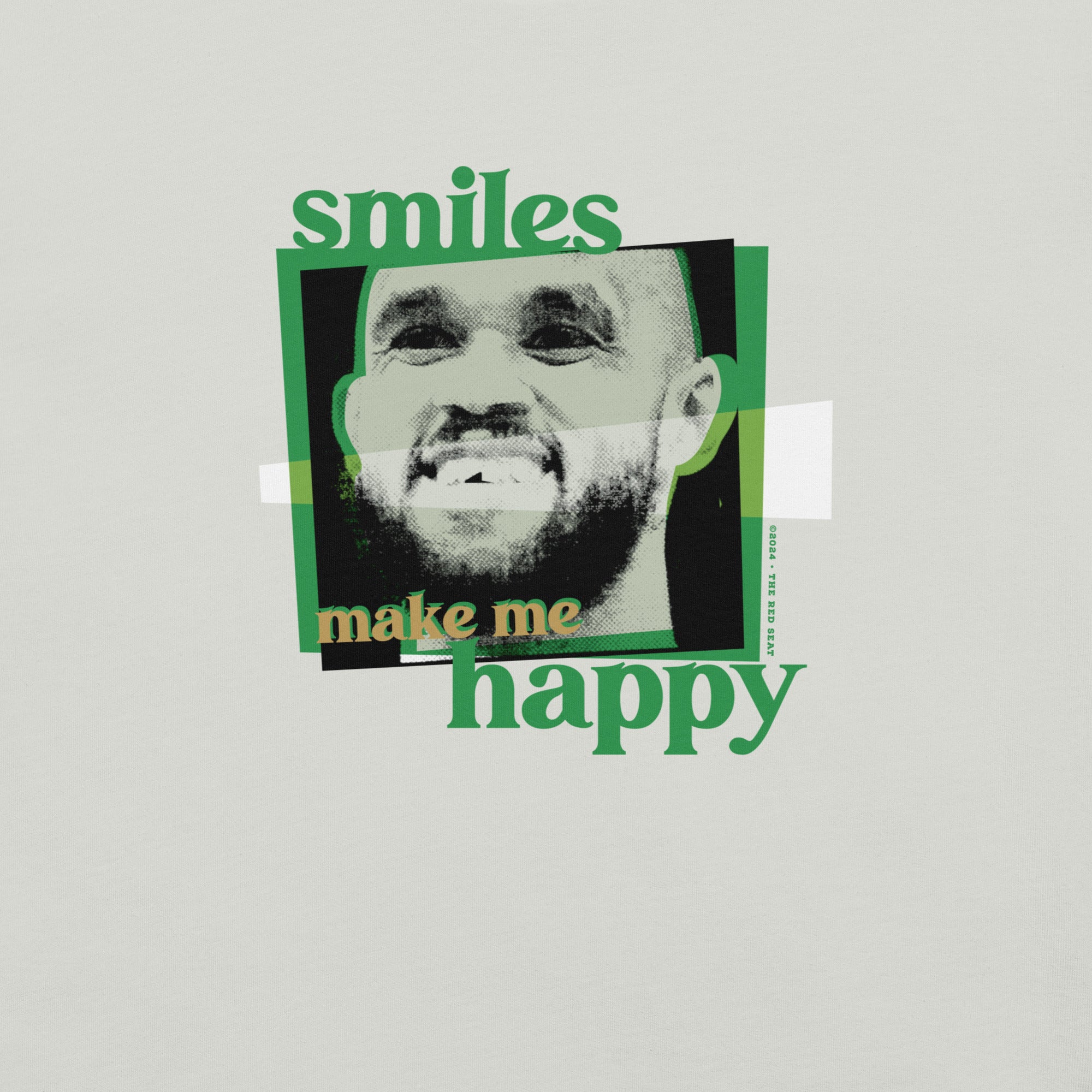 silver grey design with boston celtics derrick white smiling with a chipped tooth