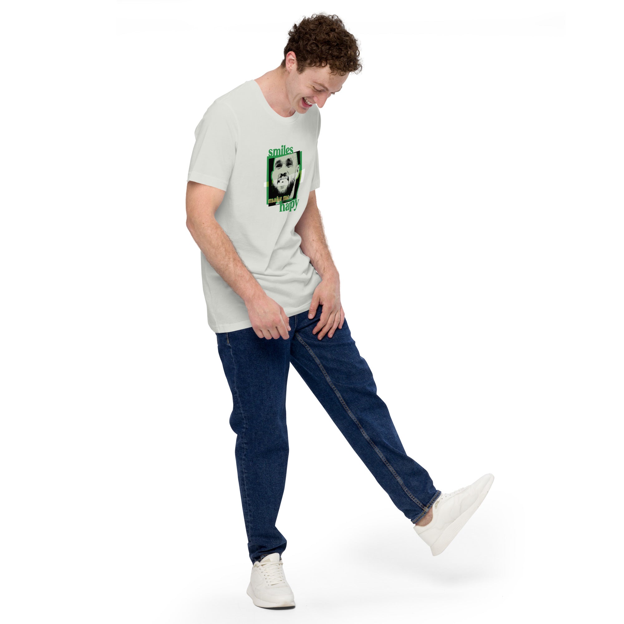 man wearing silver grey shirt with boston celtics derrick white smiling with a chipped tooth