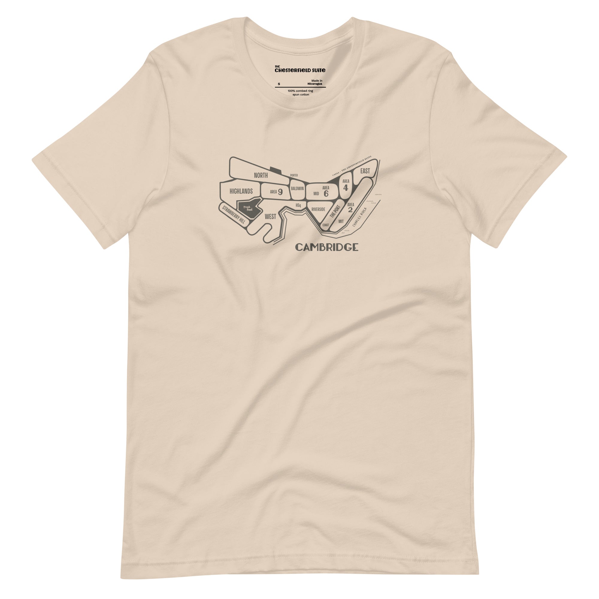 cream, tan unisex t-shirt with a hand drawn map of cambridge, ma in dark grey