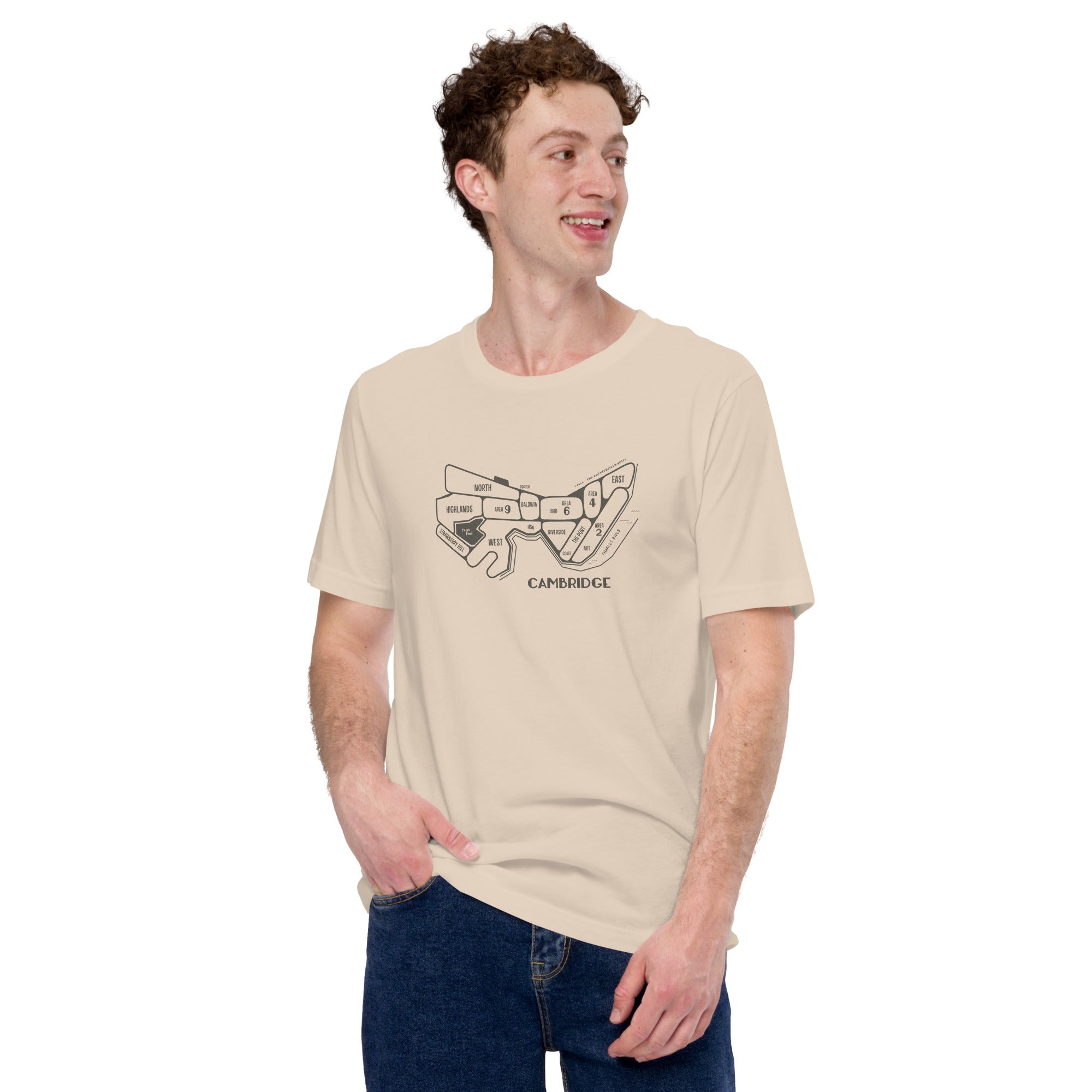 man wearing cream, tan unisex t-shirt with a hand drawn map of cambridge, ma in dark grey
