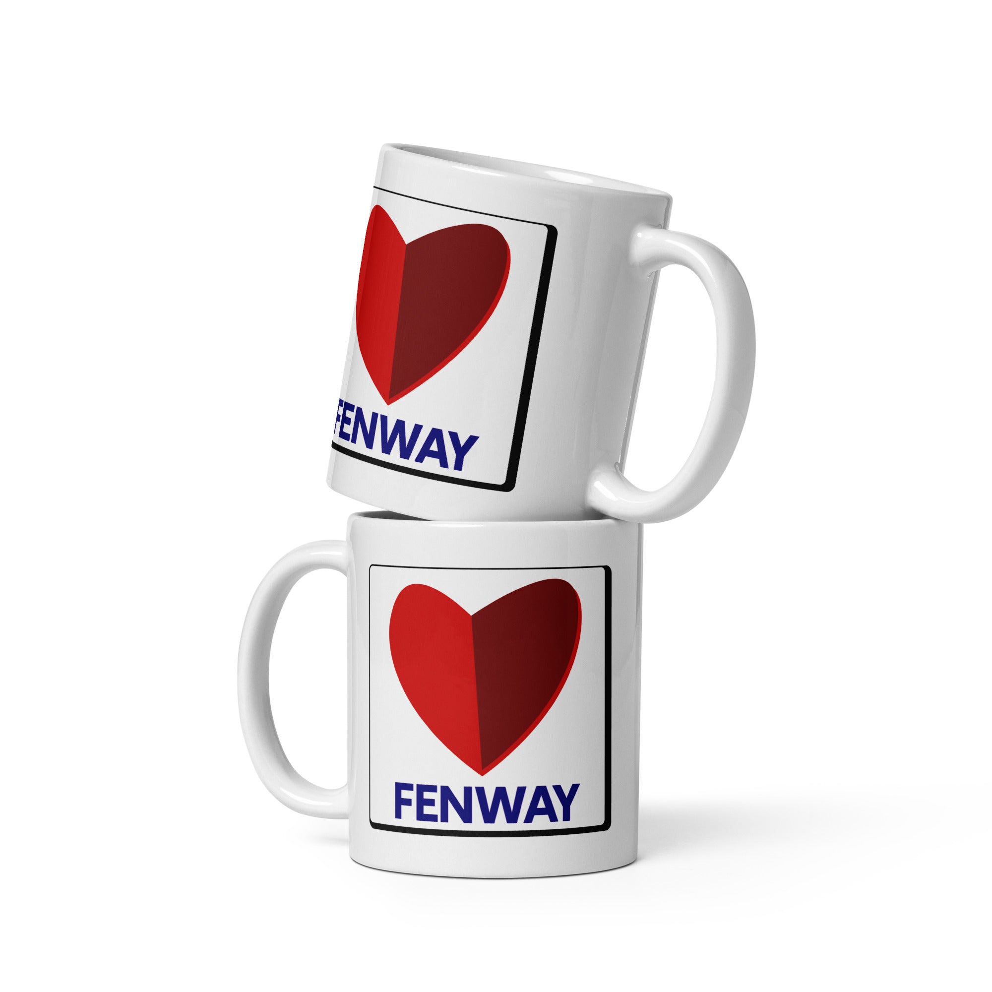 2 stacked white ceramic mugs with the word fenway and the citgo sign as a heart